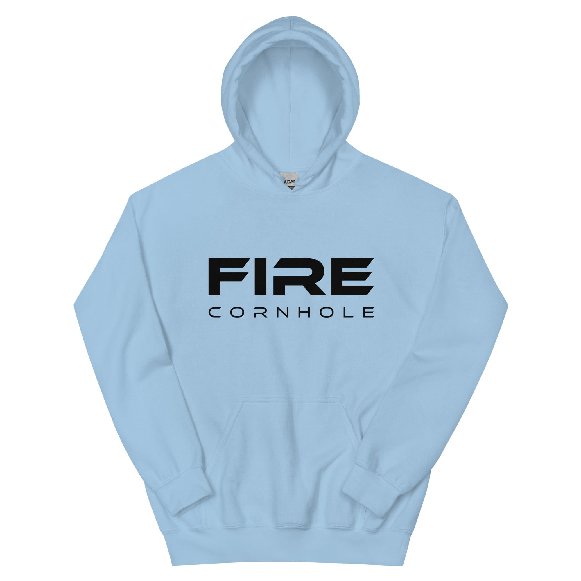Light blue unisex cotton hoodie with Fire Cornhole logo in black