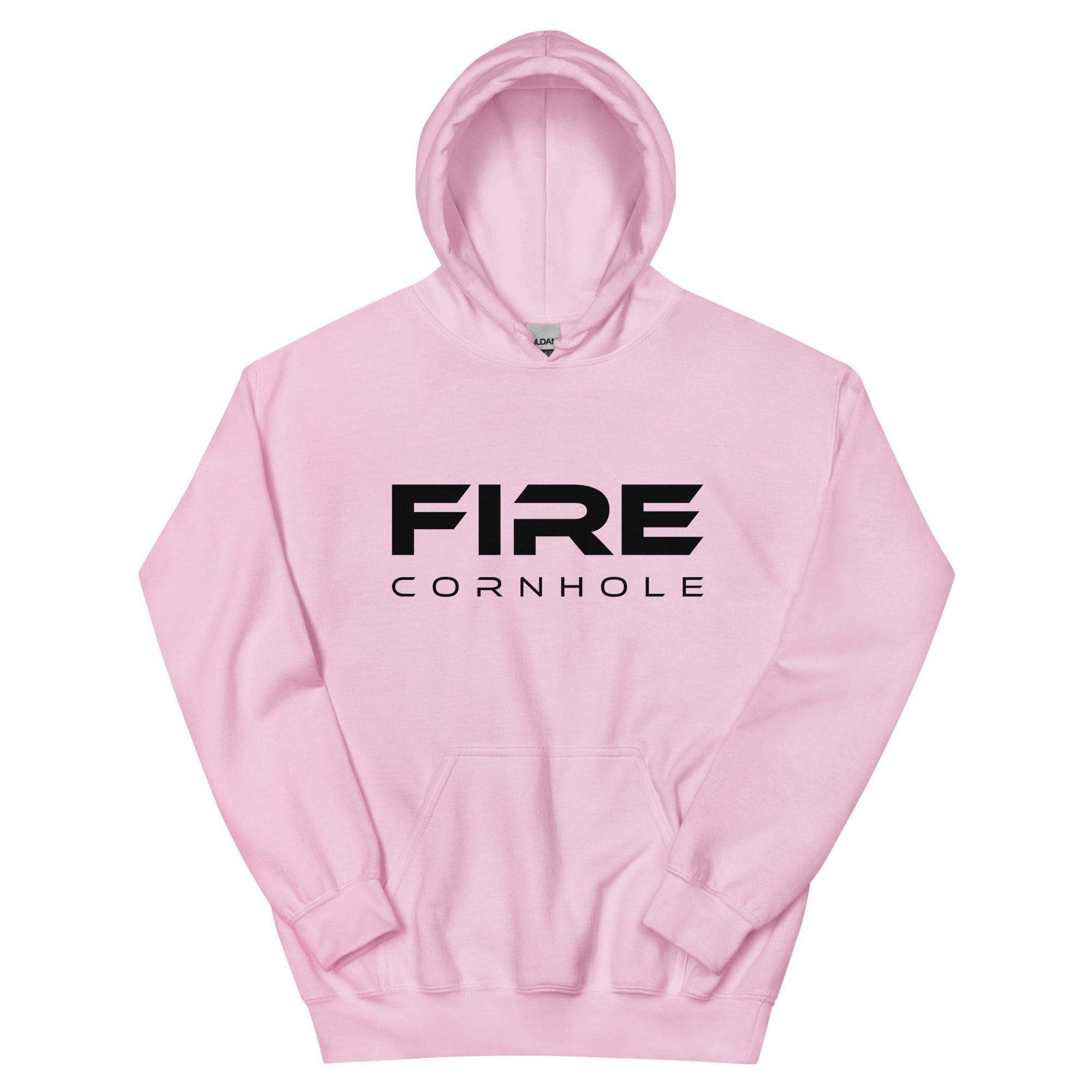 Pink unisex cotton hoodie with Fire Cornhole logo in black