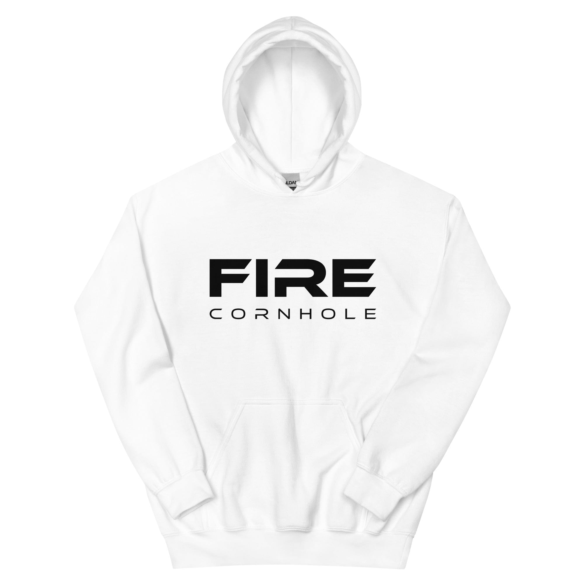 White unisex cotton hoodie with Fire Cornhole logo in black