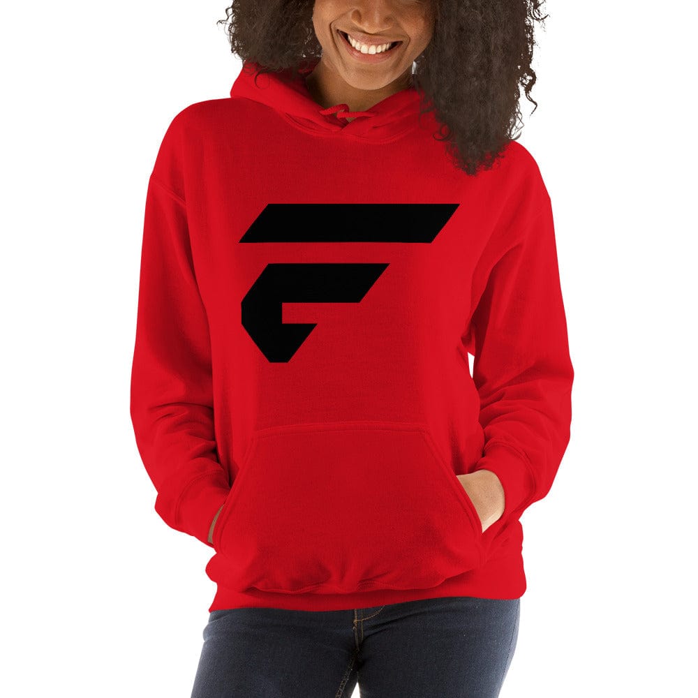 Red unisex cotton hoodie with Fire Cornhole F logo in black