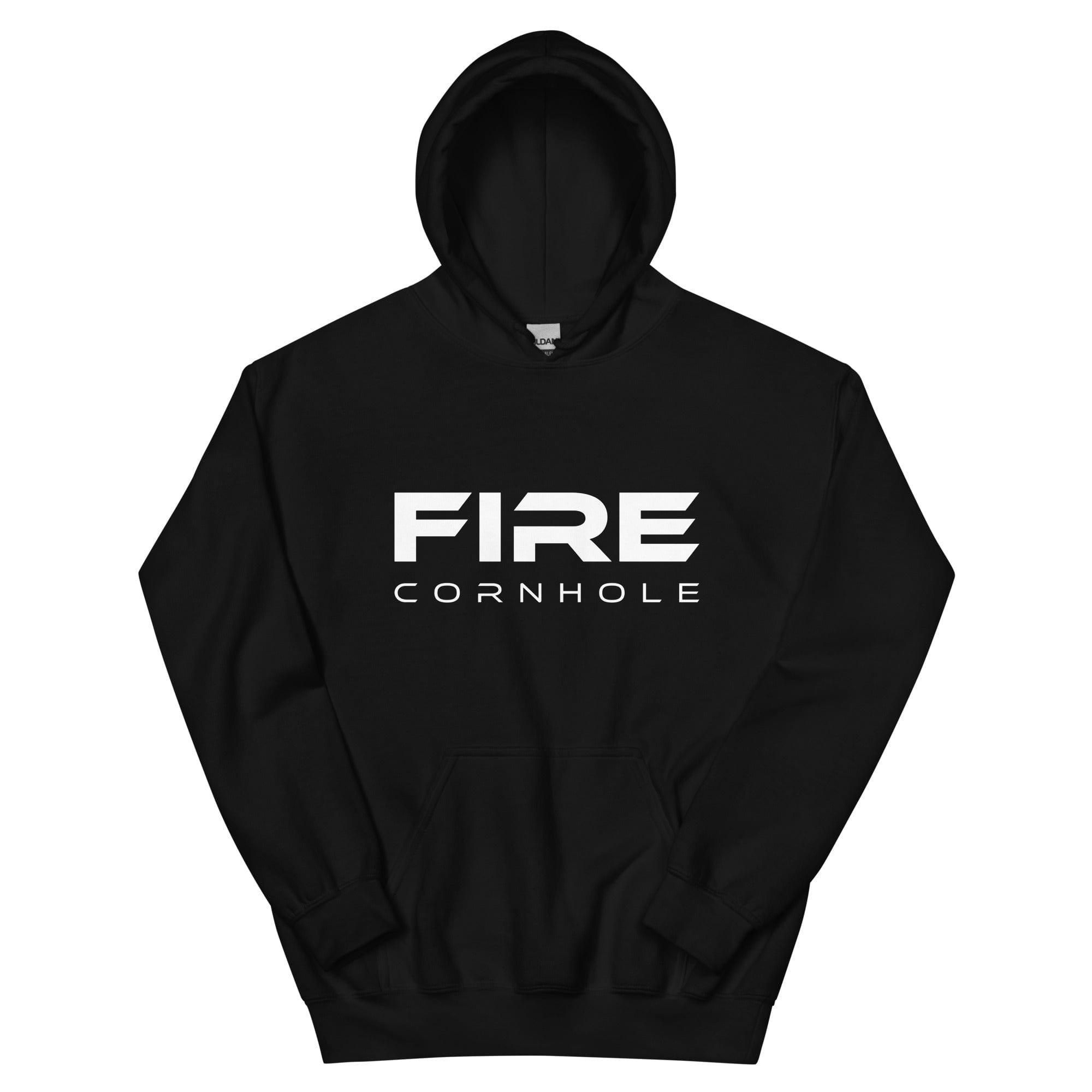 Black unisex cotton hoodie with Fire Cornhole logo in white