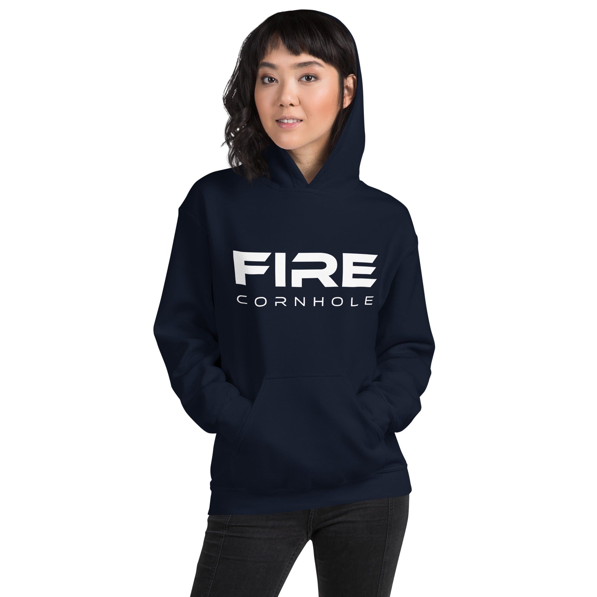 Navy unisex cotton hoodie with Fire Cornhole logo in white