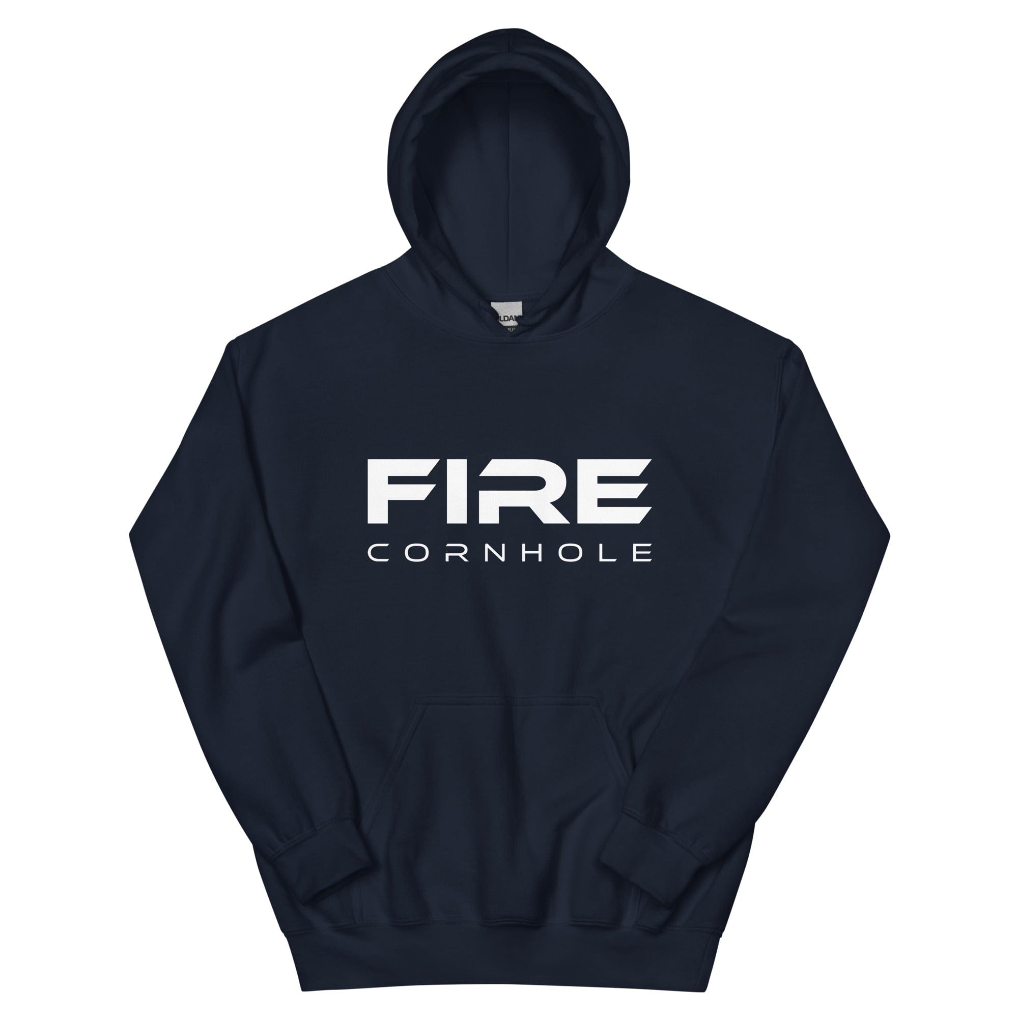 Navy unisex cotton hoodie with Fire Cornhole logo in white