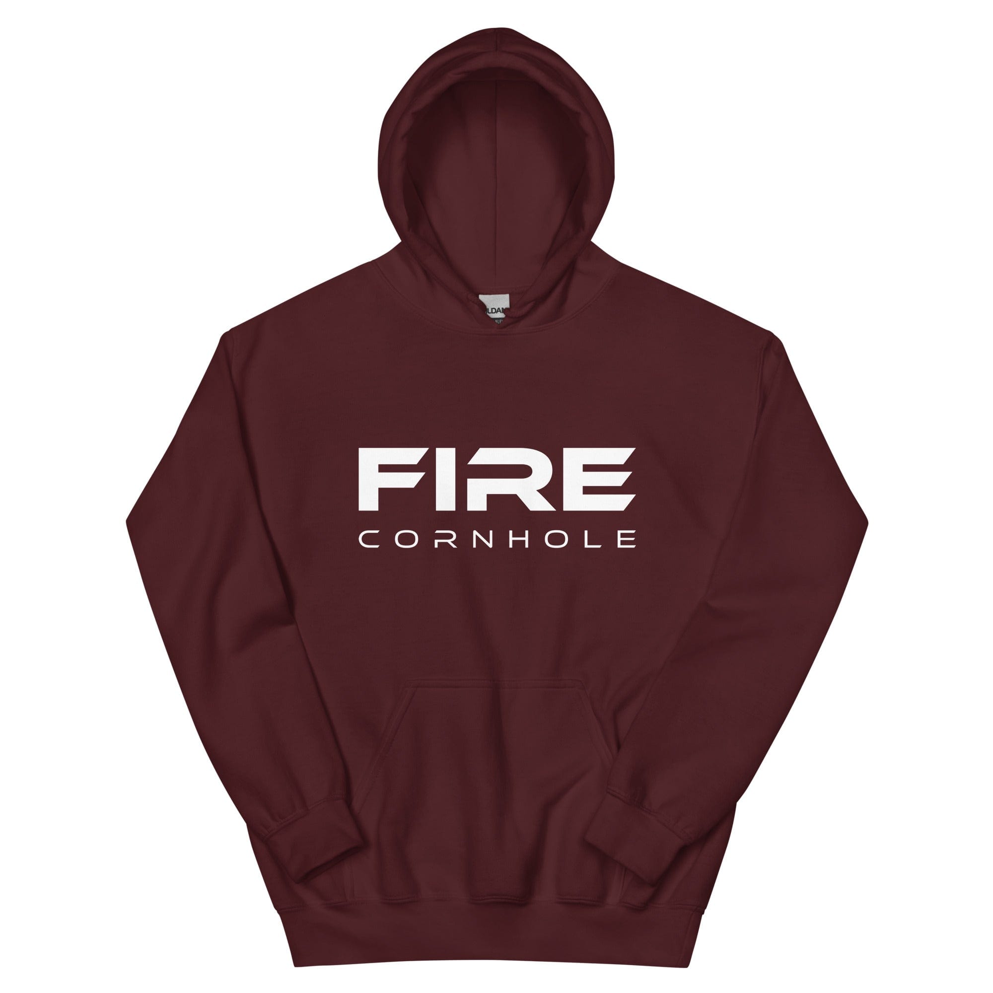 Maroon unisex cotton hoodie with Fire Cornhole logo in white