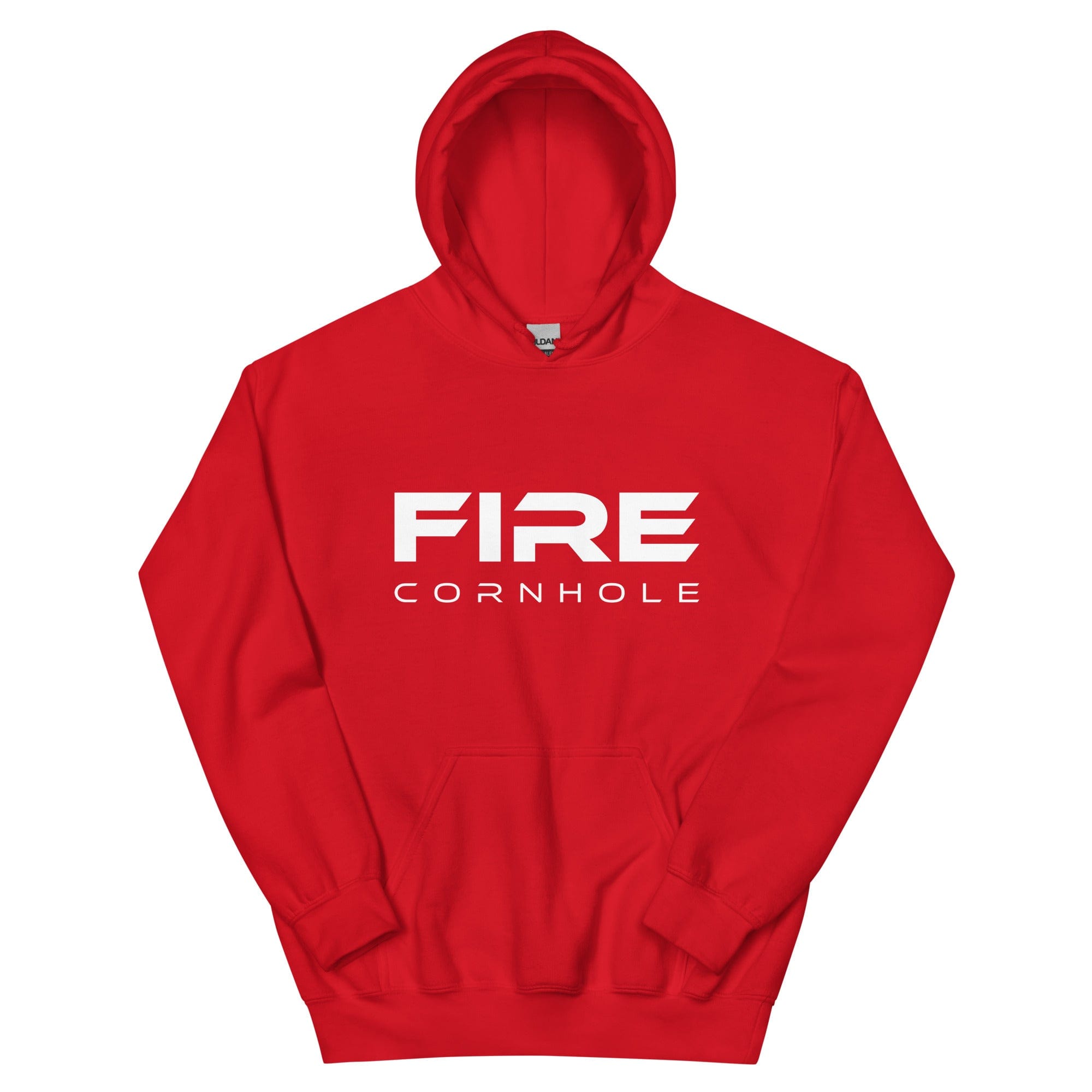 Red unisex cotton hoodie with Fire Cornhole logo in white