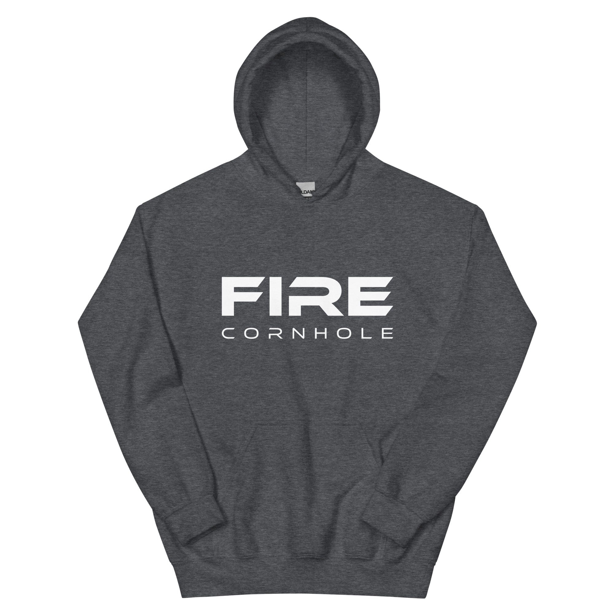Dark grey unisex cotton hoodie with Fire Cornhole logo in white