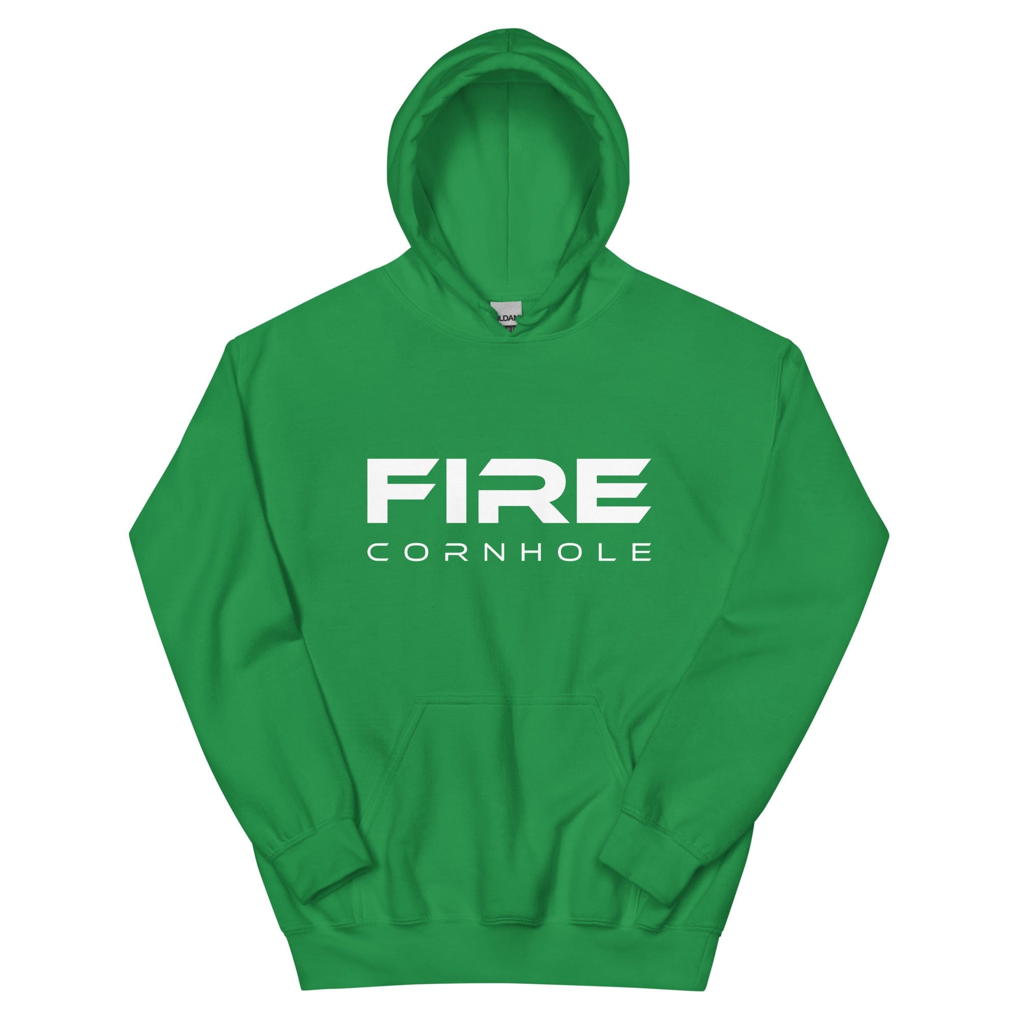 Green unisex cotton hoodie with Fire Cornhole logo in white