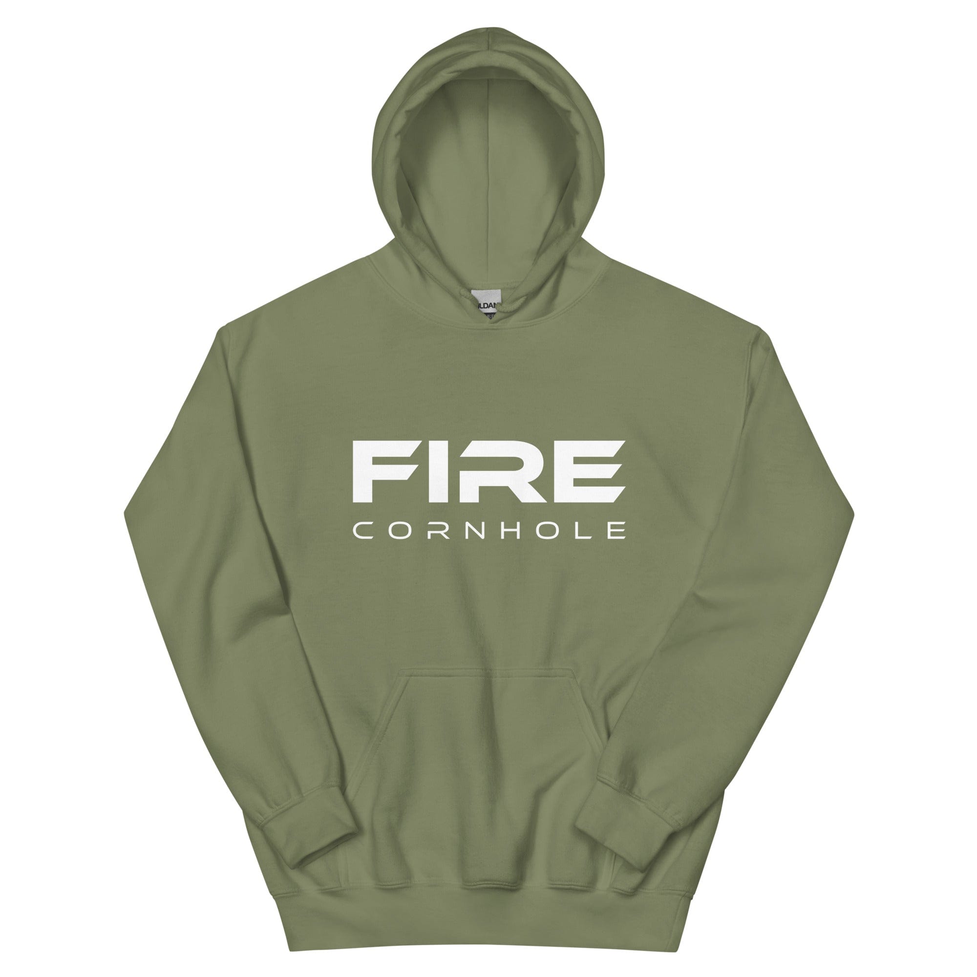 Forest green unisex cotton hoodie with Fire Cornhole logo in white