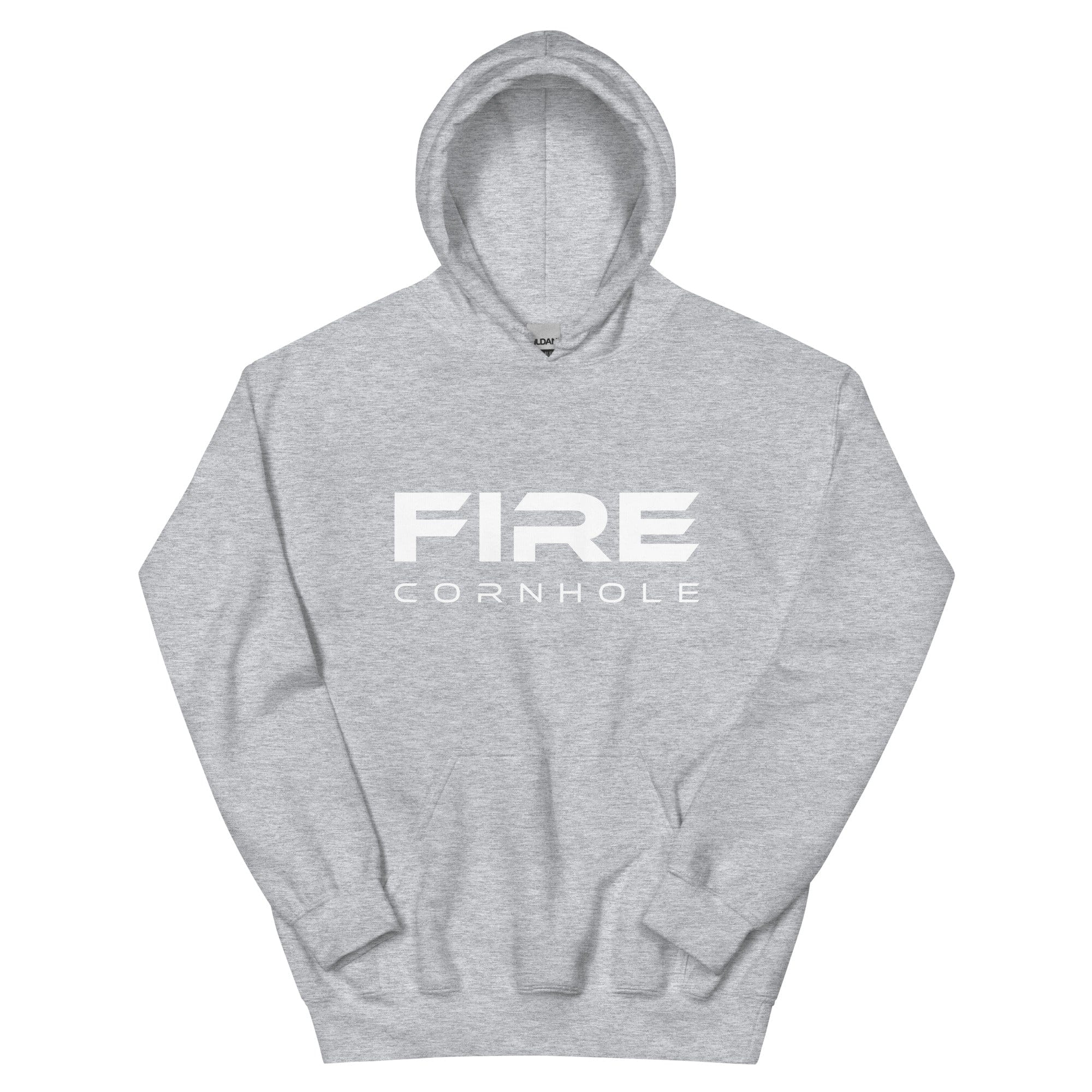 Heathered grey unisex cotton hoodie with Fire Cornhole logo in white