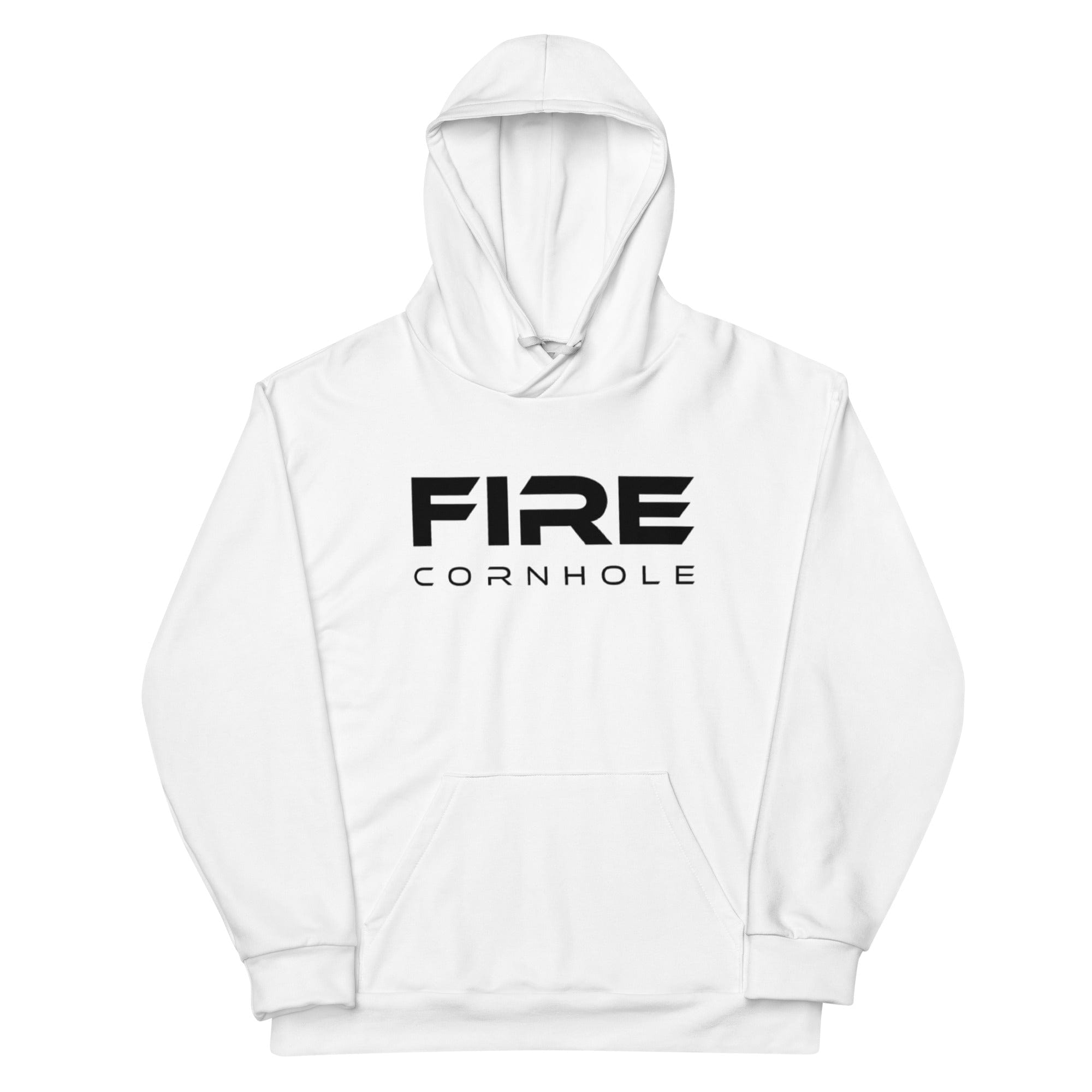 Front view of white unisex fleece hoodie with Fire Cornhole logo in black
