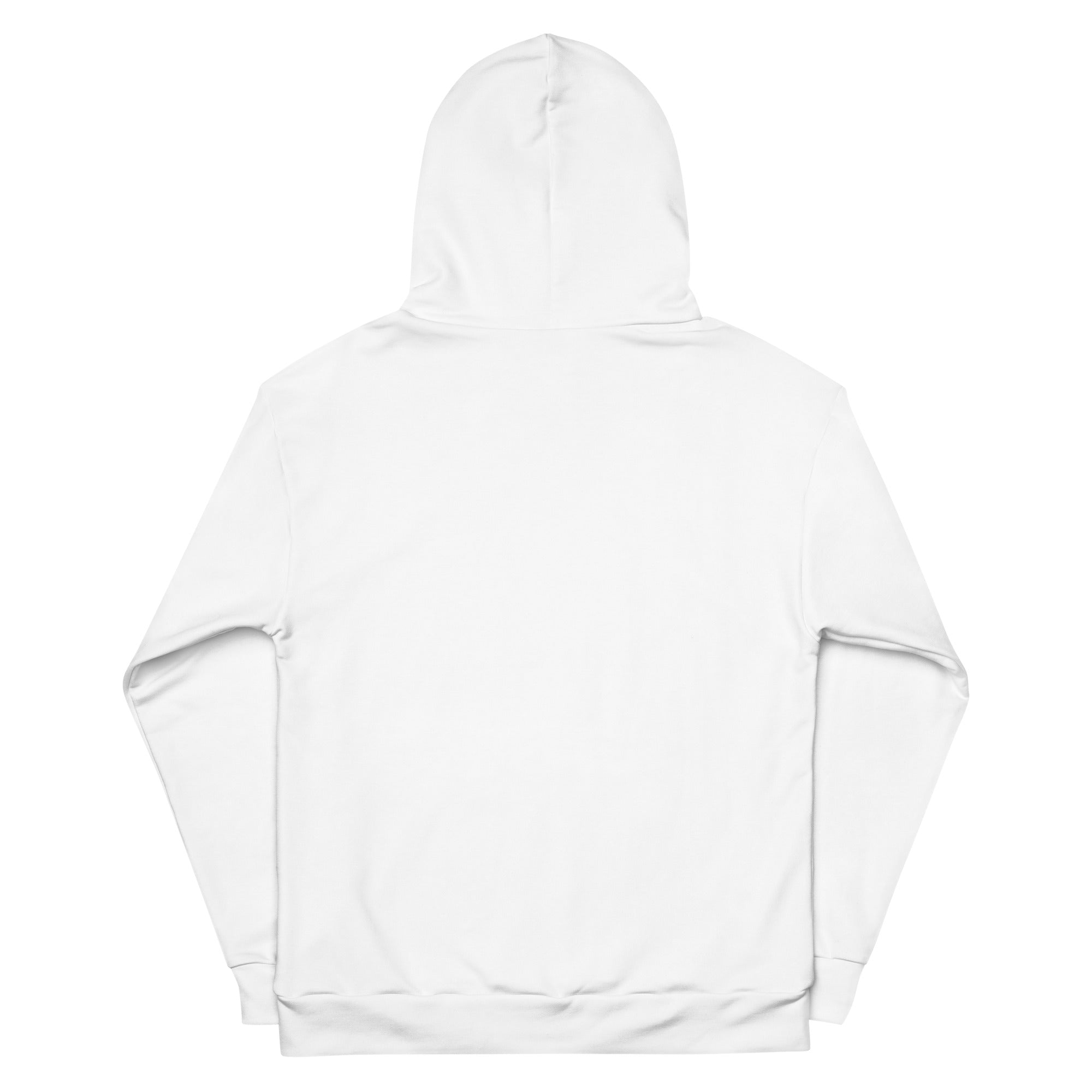 Back view of white unisex fleece hoodie with Fire Cornhole logo in black