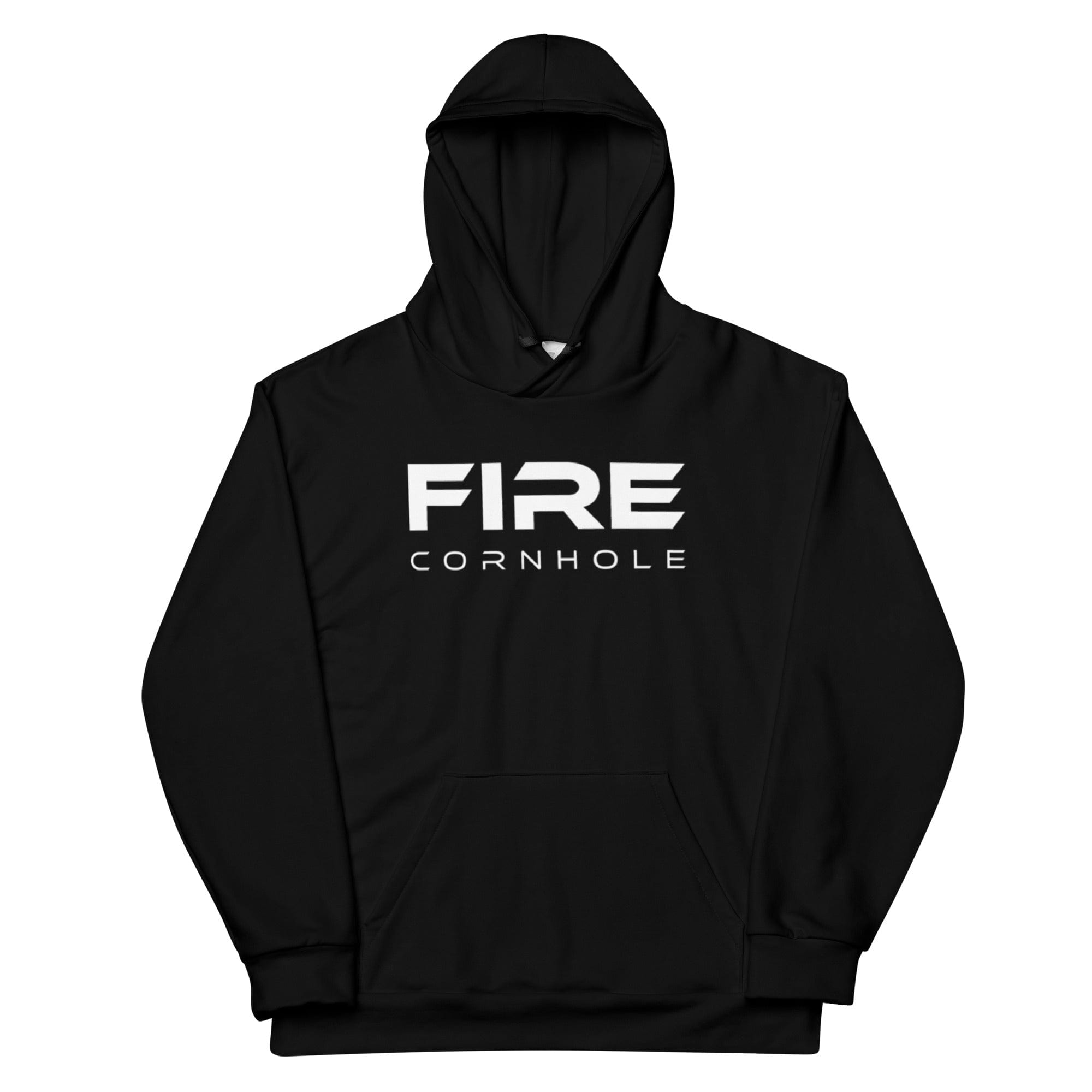 Front view of black unisex fleece hoodie with Fire Cornhole logo in white