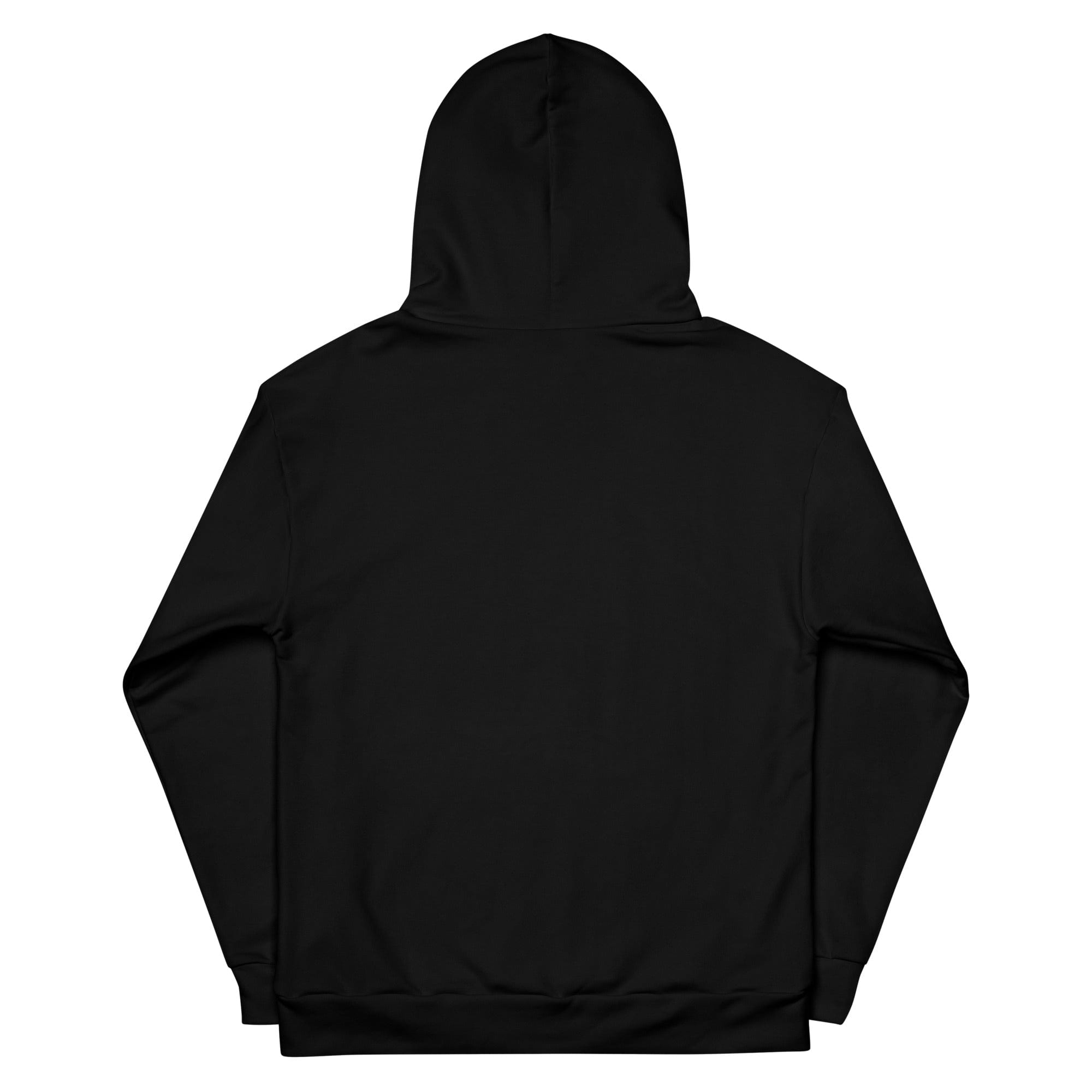 Back view of black unisex fleece hoodie with Fire Cornhole logo in white
