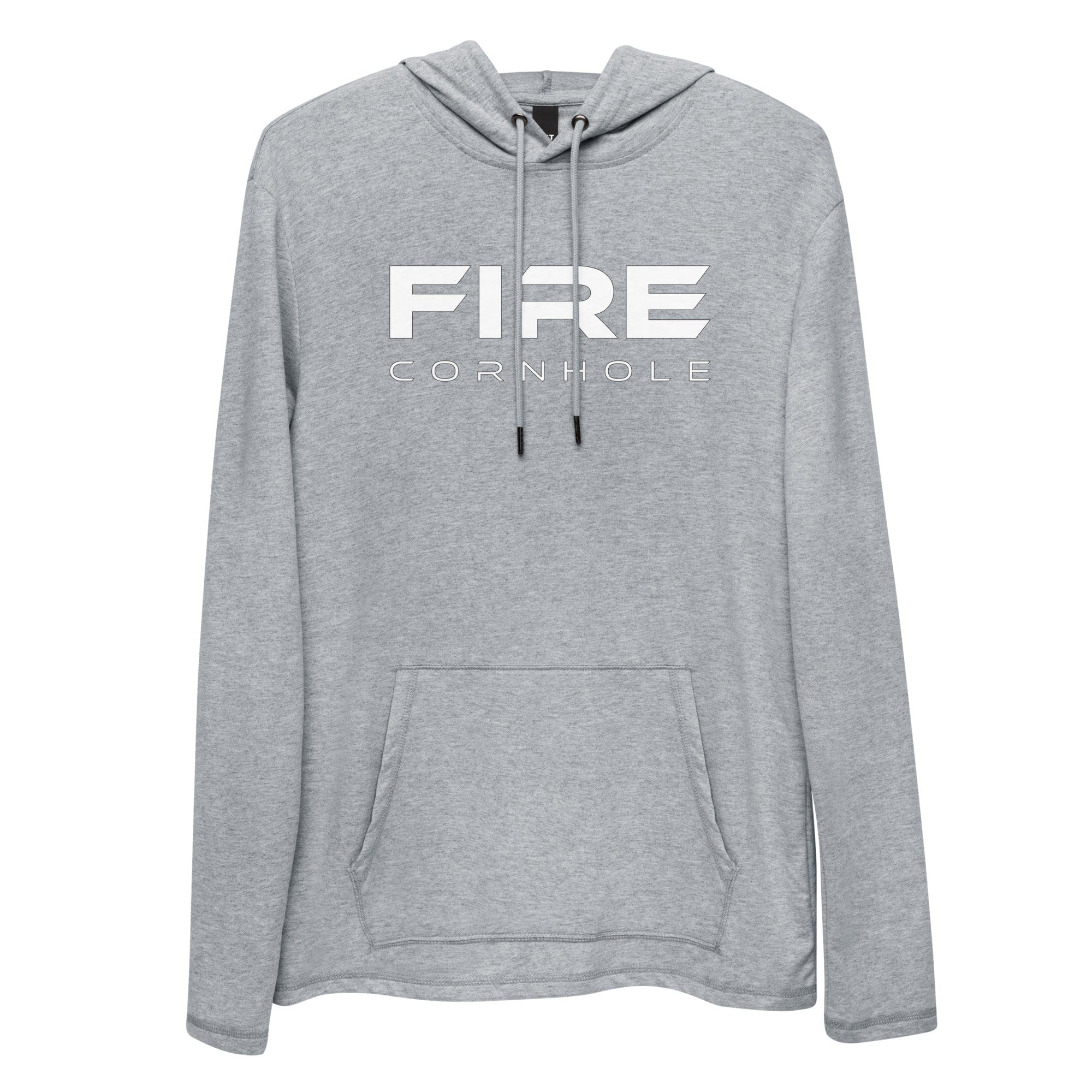 Heathered grey hooded longsleeve with Fire Cornhole logo