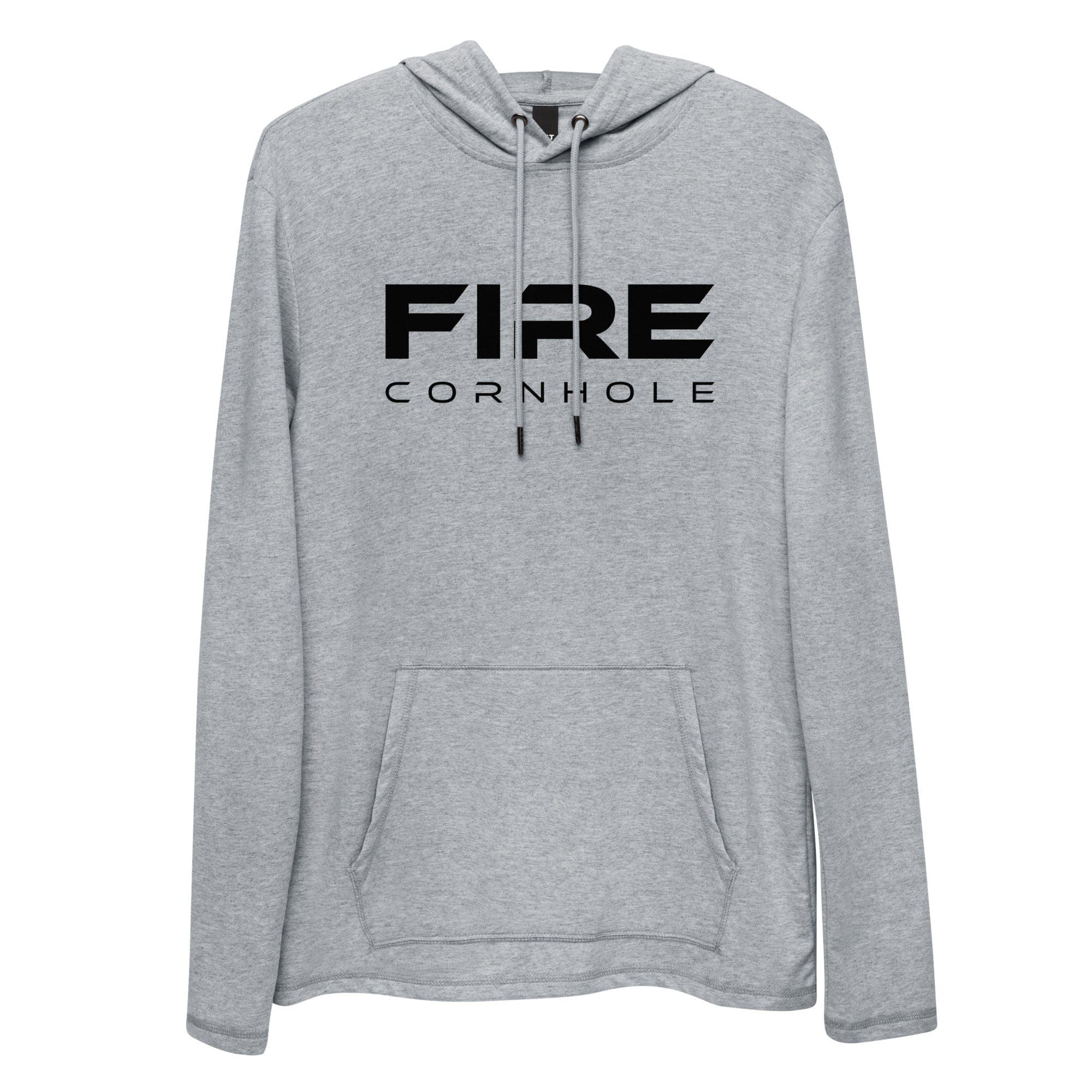 Heathered grey hooded longsleeve with black Fire Cornhole logo