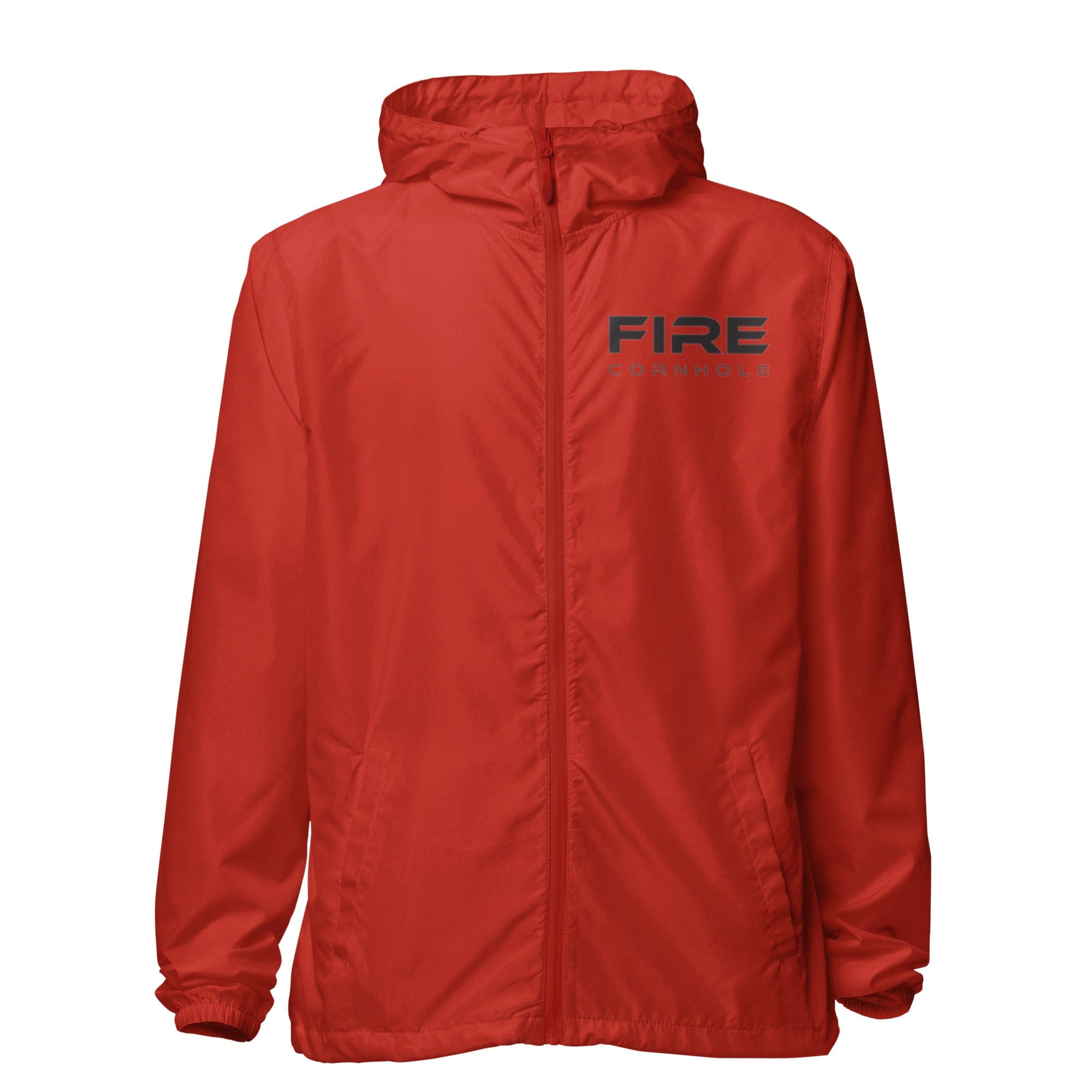 Front view of red unisex zip-up windbreaker with Fire Cornhole logo in black