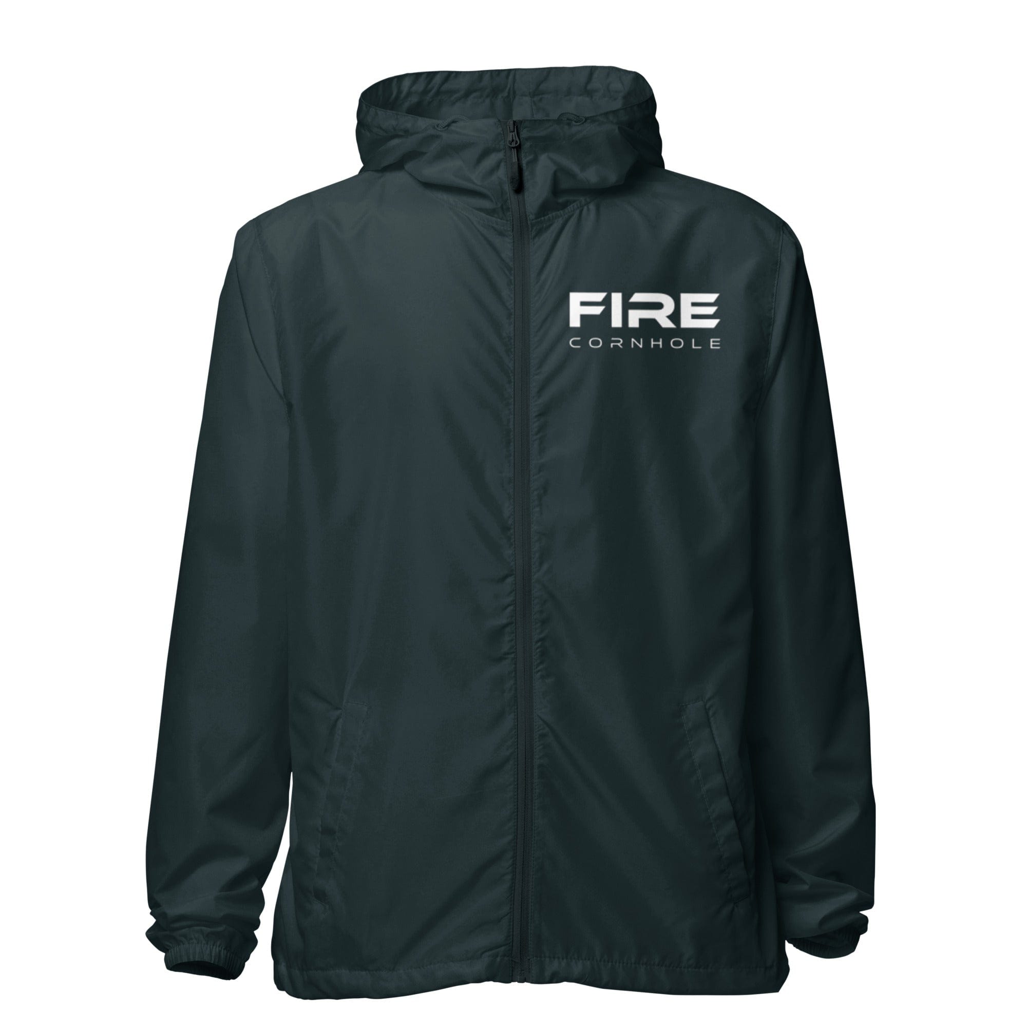 Front view of navy unisex zip-up windbreaker with Fire cornhole logo in white