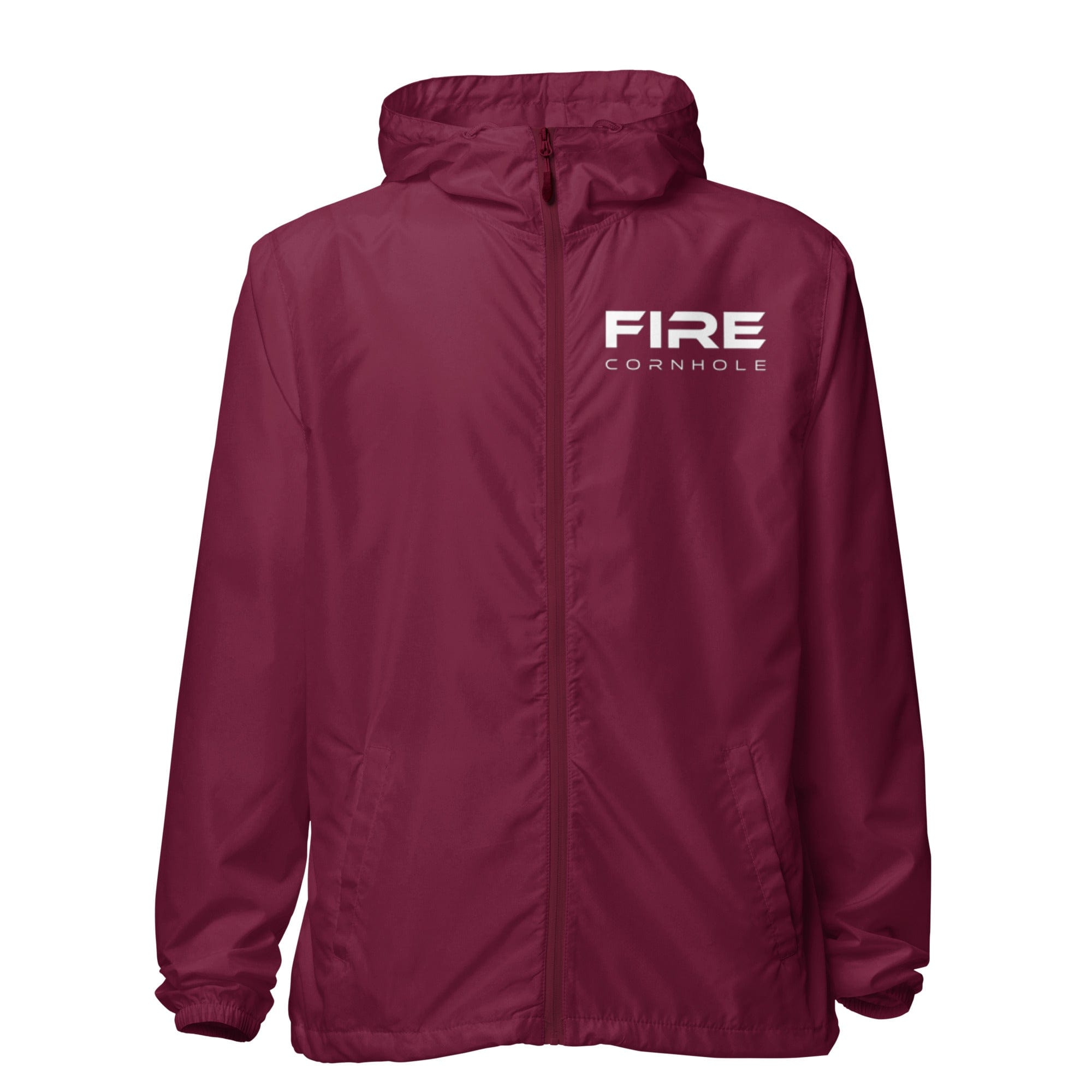 Front view of burgundy unisex zip-up windbreaker with Fire cornhole logo in white
