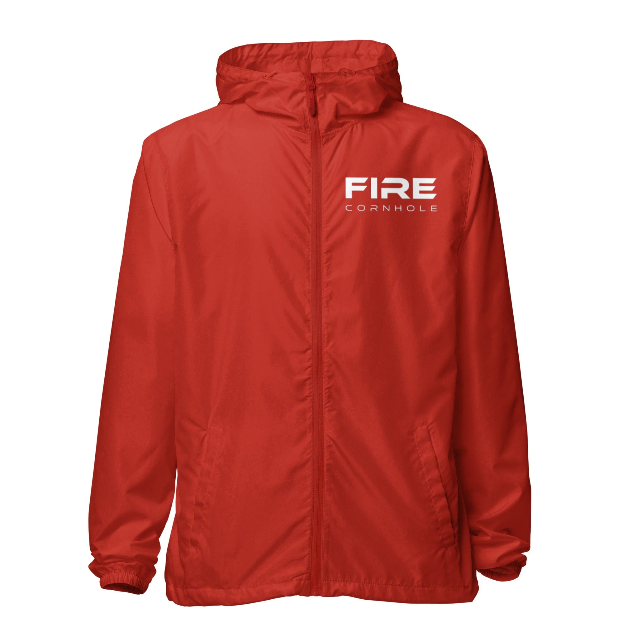 Front view of red unisex zip-up windbreaker with Fire cornhole logo in white