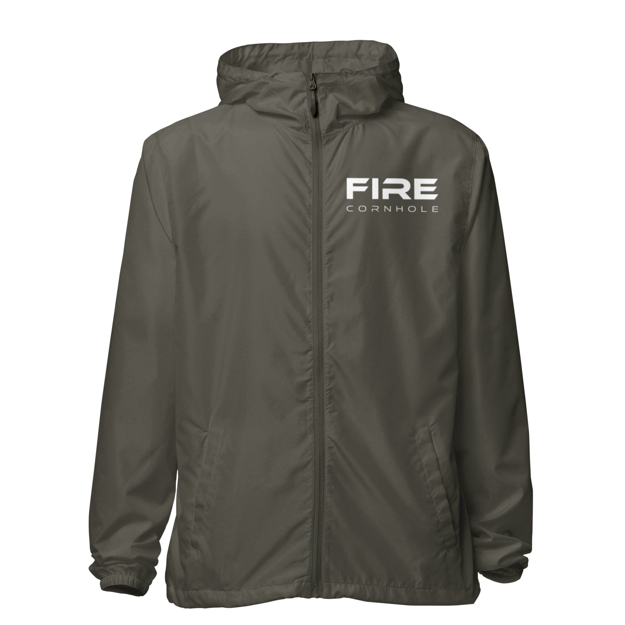 Front view of grey unisex zip-up windbreaker with Fire cornhole logo in white