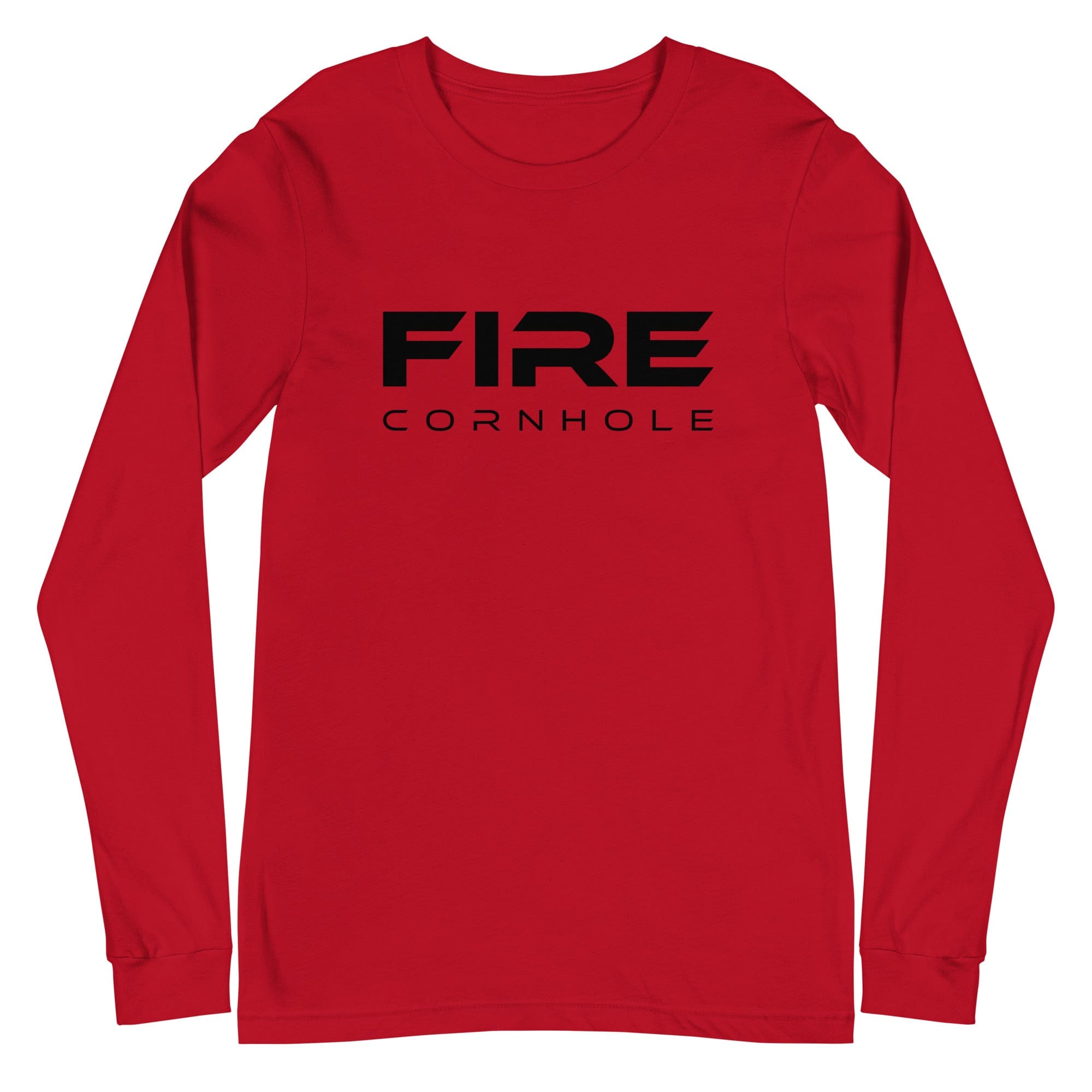 Red unisex cotton longsleeve shirt with Fire Cornhole logo in black