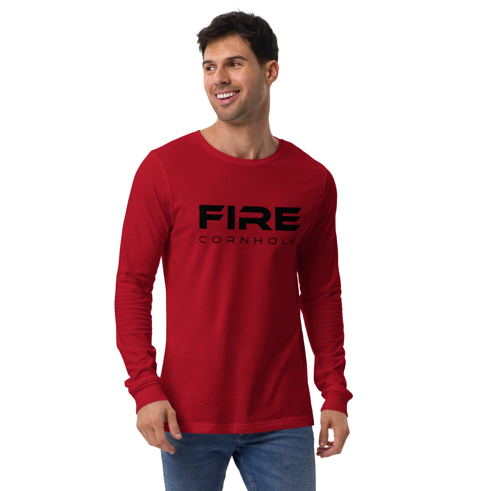 Red unisex cotton longsleeve shirt with Fire Cornhole logo in black