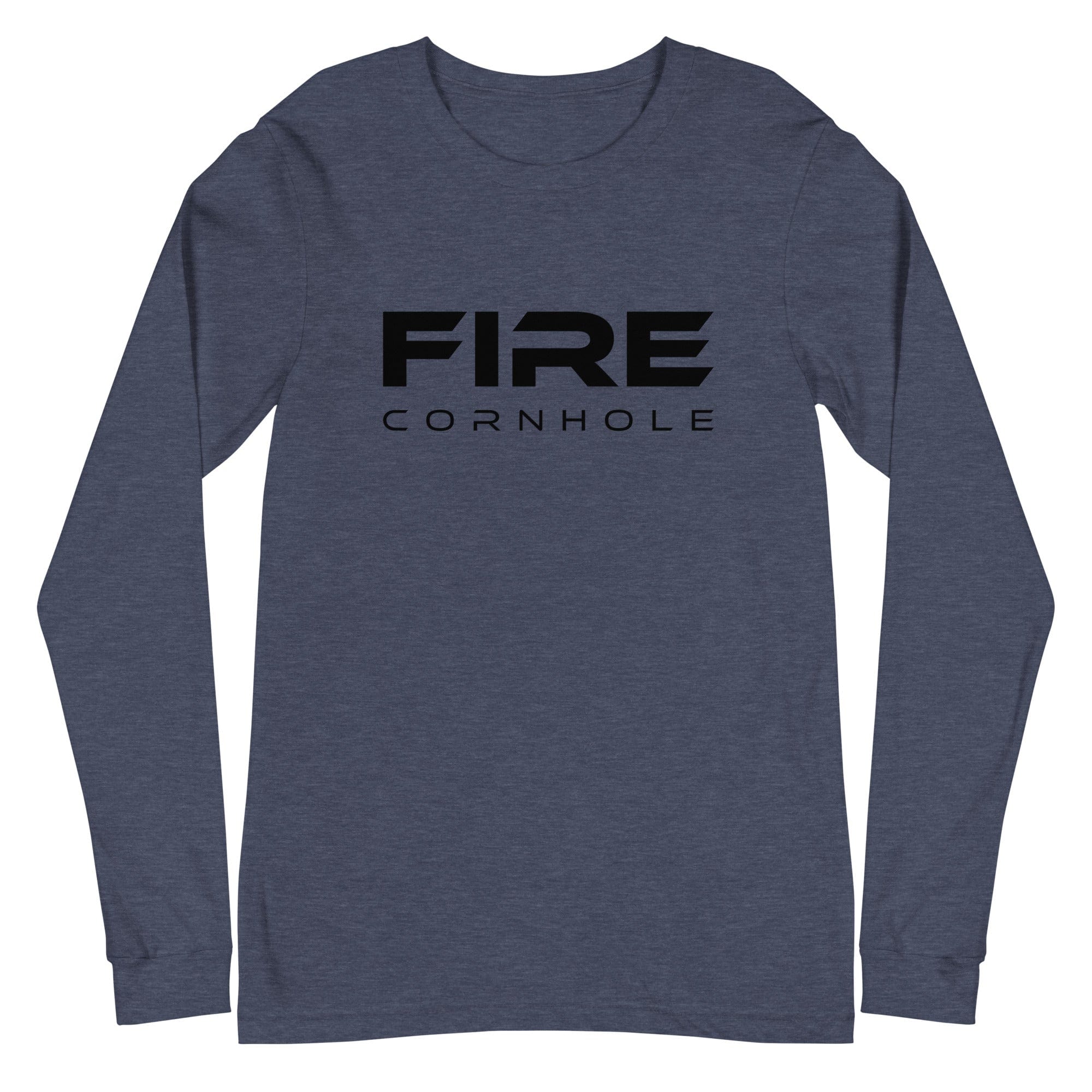 Heathered navy unisex cotton longsleeve shirt with Fire Cornhole logo in black