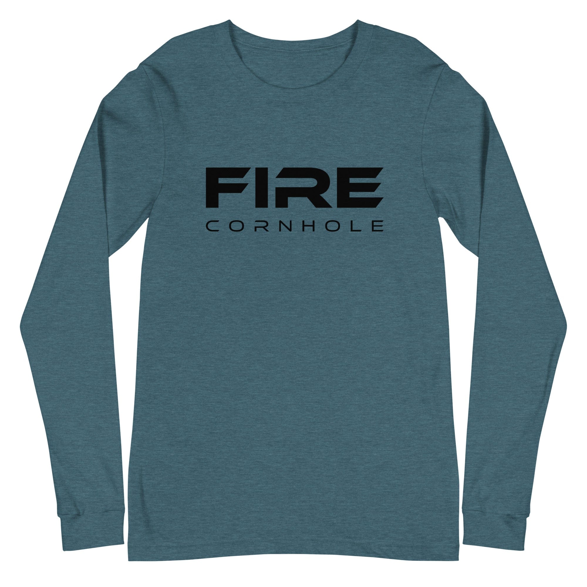 Heathered teal unisex cotton longsleeve shirt with Fire Cornhole logo in black