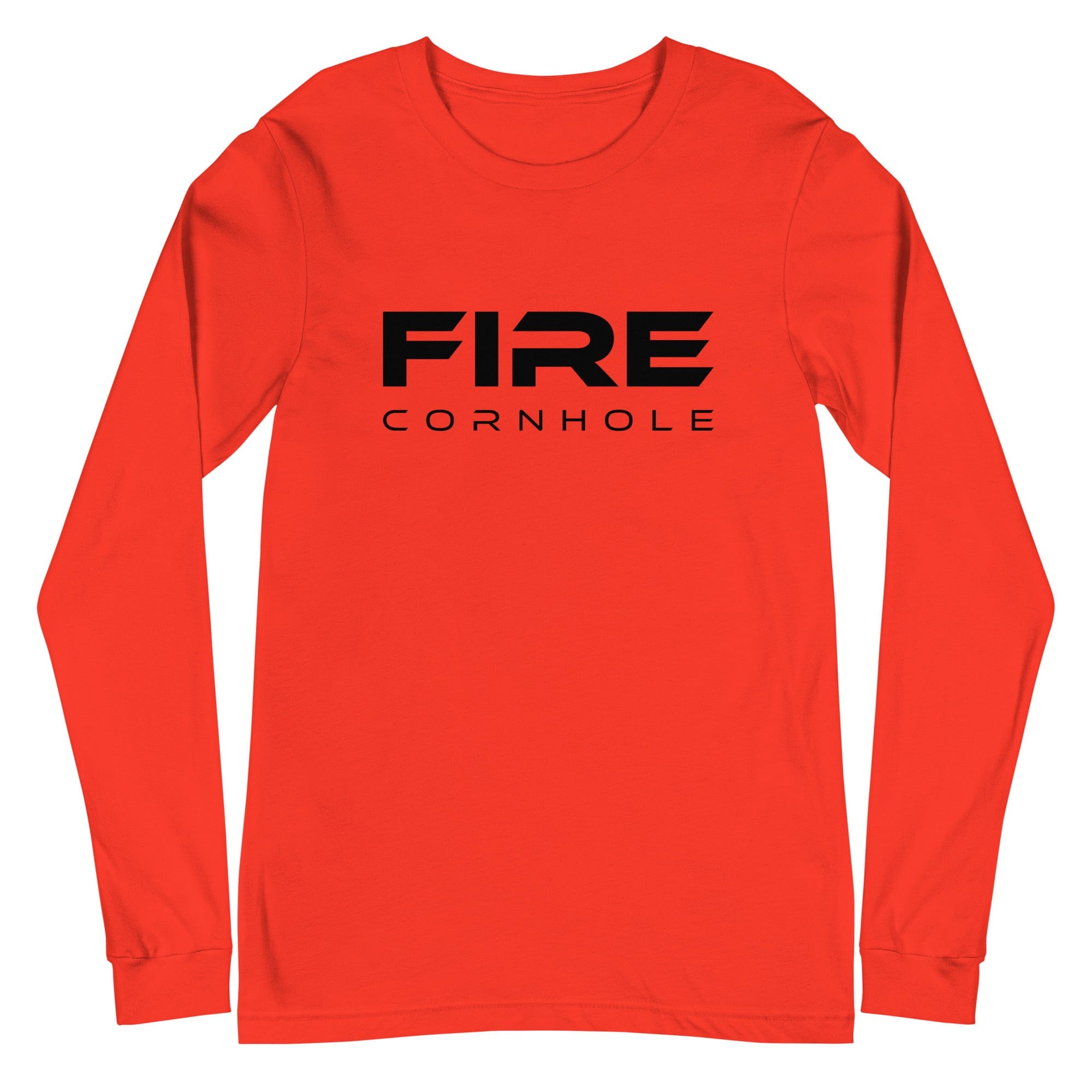 Orange unisex cotton longsleeve shirt with Fire Cornhole logo in black