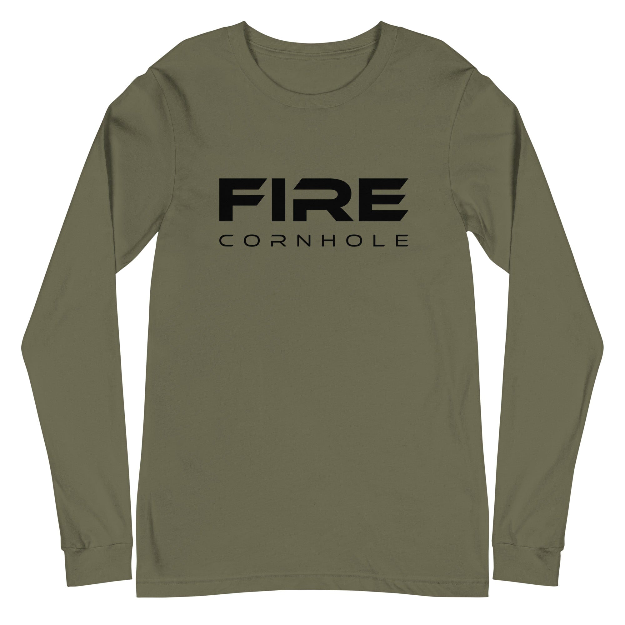 Army green unisex cotton longsleeve shirt with Fire Cornhole logo in black