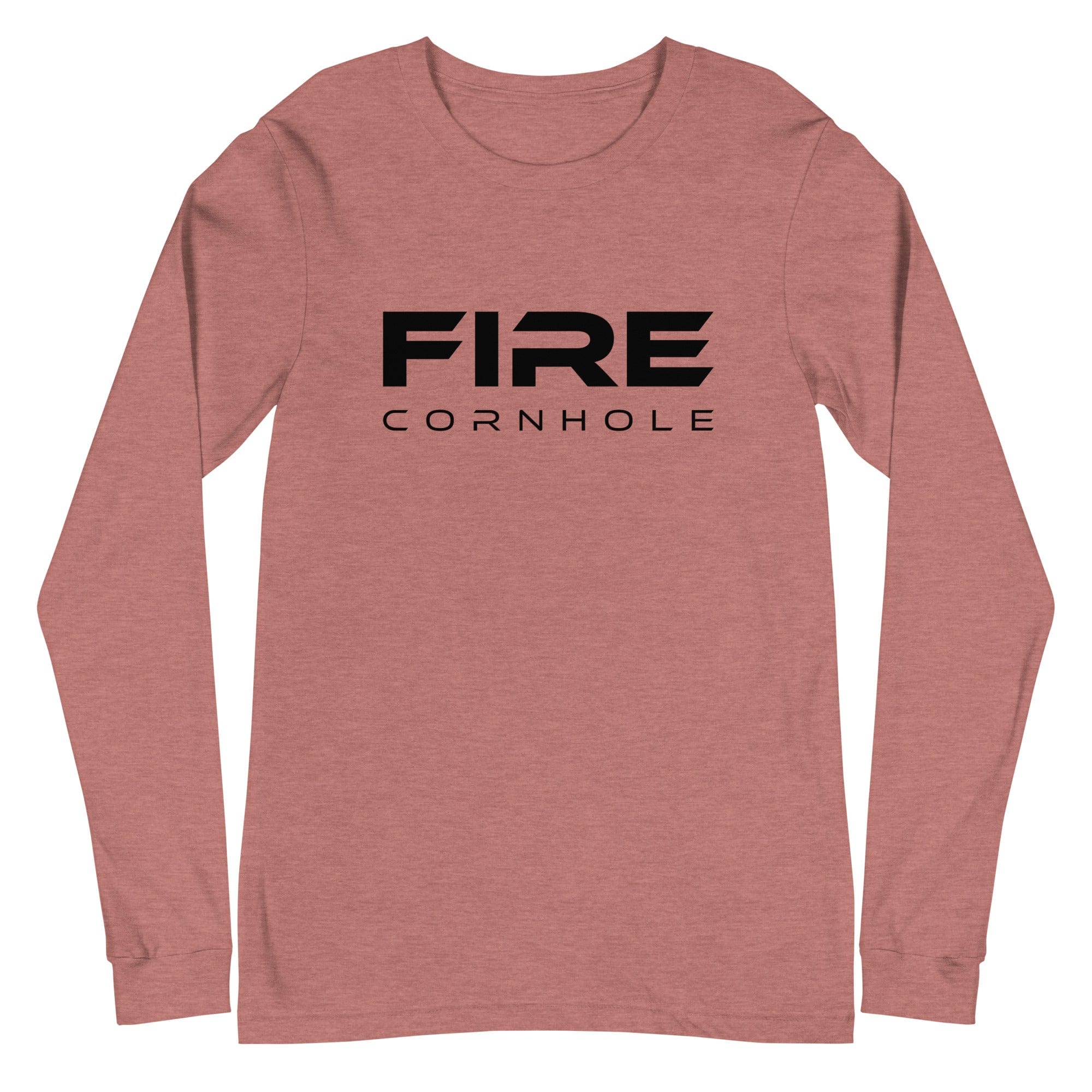 Heathered mauve unisex cotton longsleeve shirt with Fire Cornhole logo in black