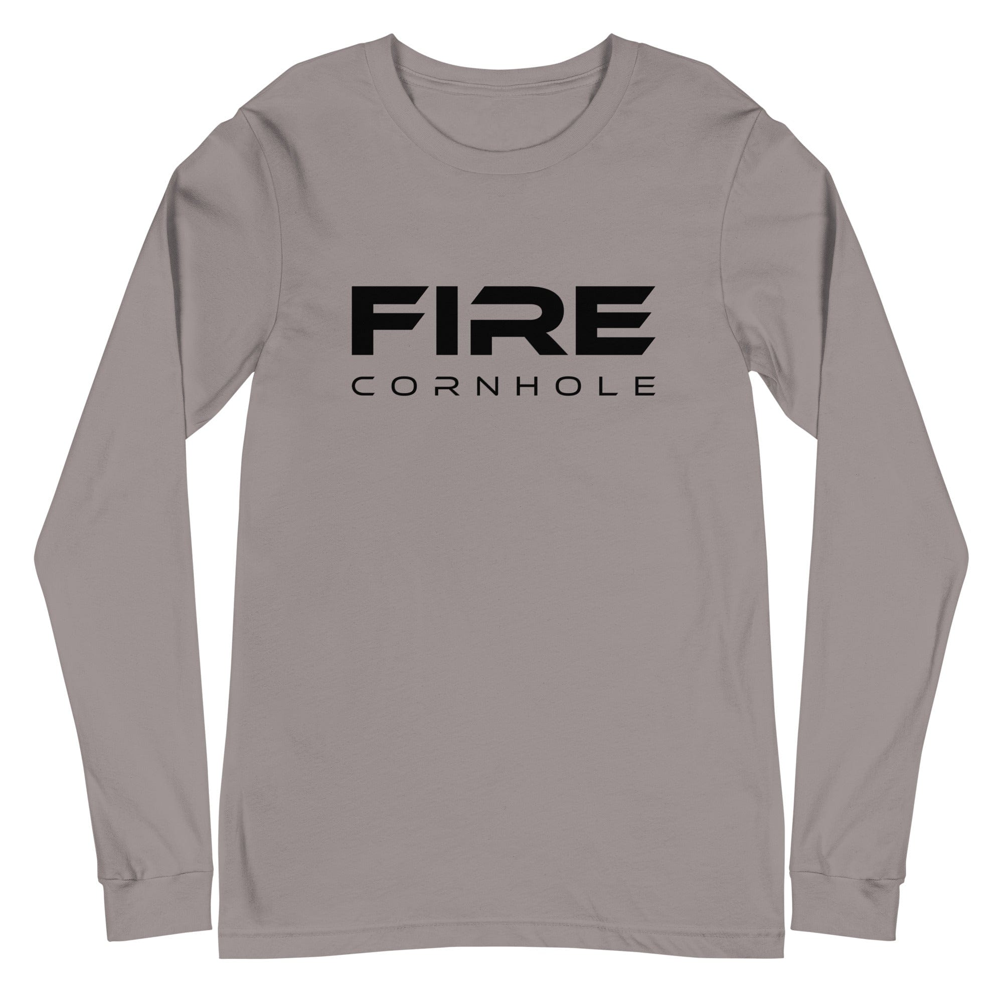 Grey unisex cotton longsleeve shirt with Fire Cornhole logo in black