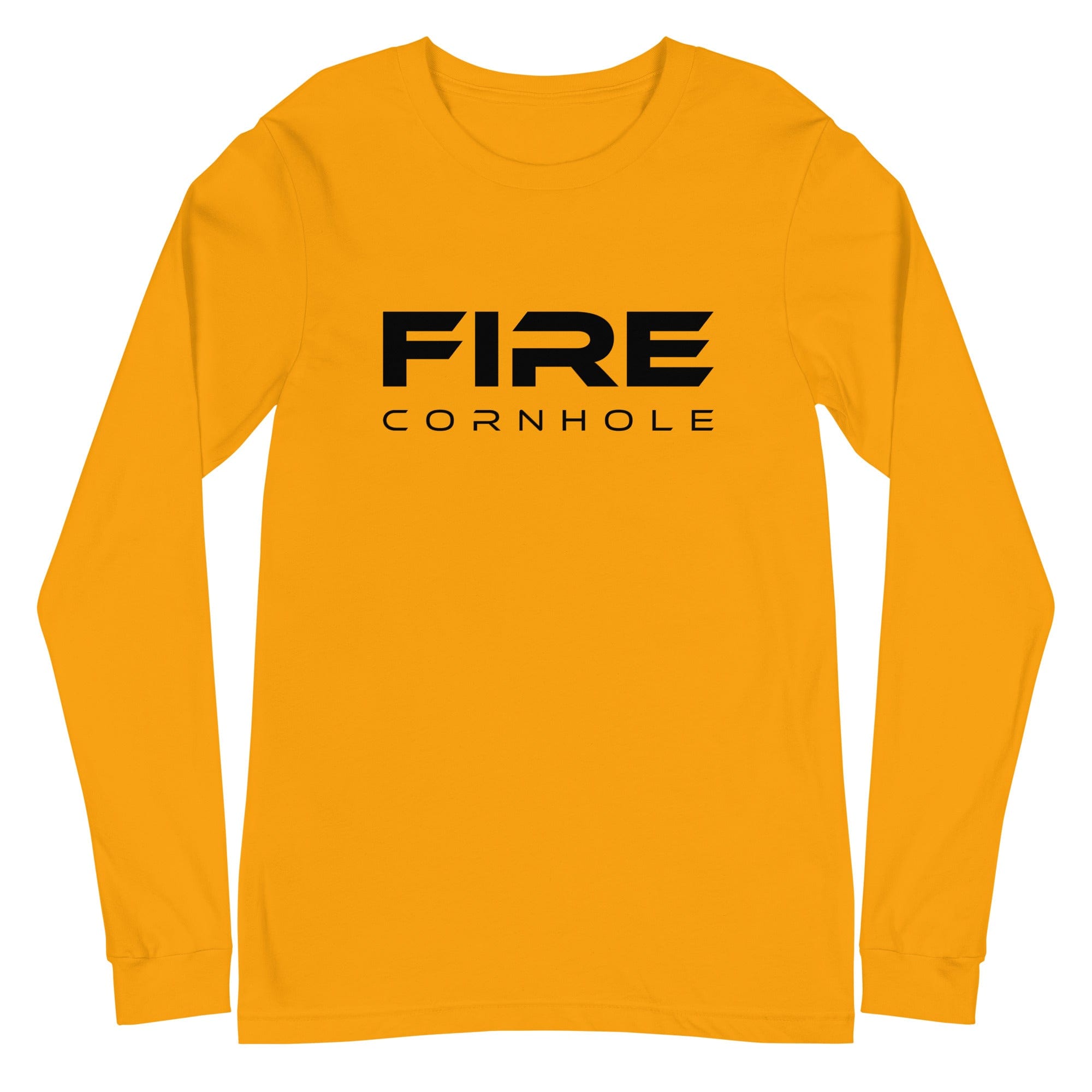 Yellow unisex cotton longsleeve shirt with Fire Cornhole logo in black