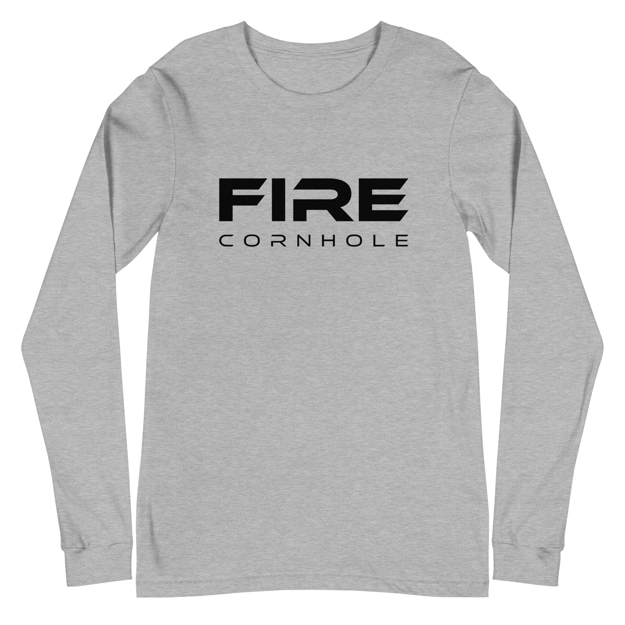 Heathered grey unisex cotton longsleeve shirt with Fire Cornhole logo in black