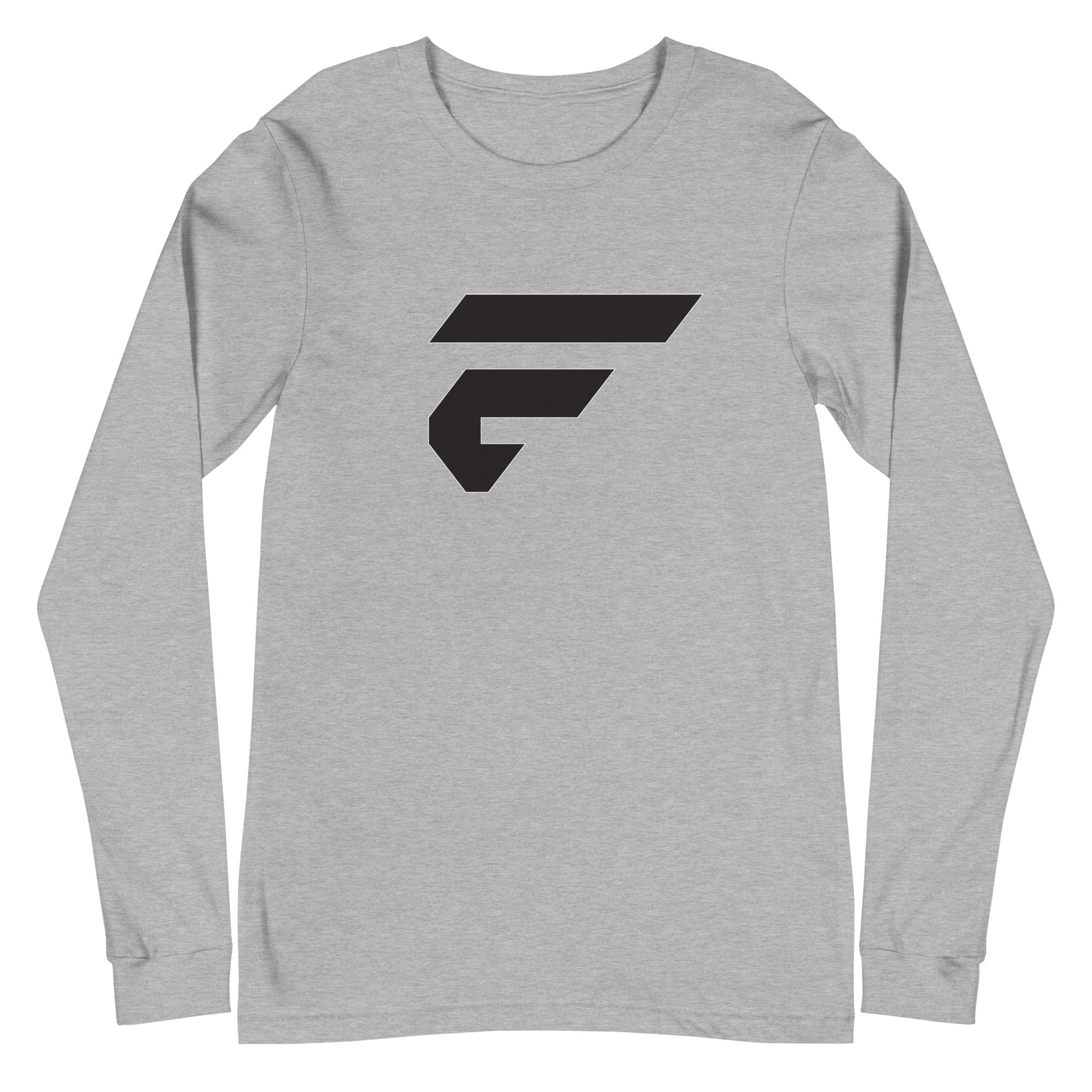 Heathered grey unisex cotton longsleeve shirt with Fire Cornhole F logo in black
