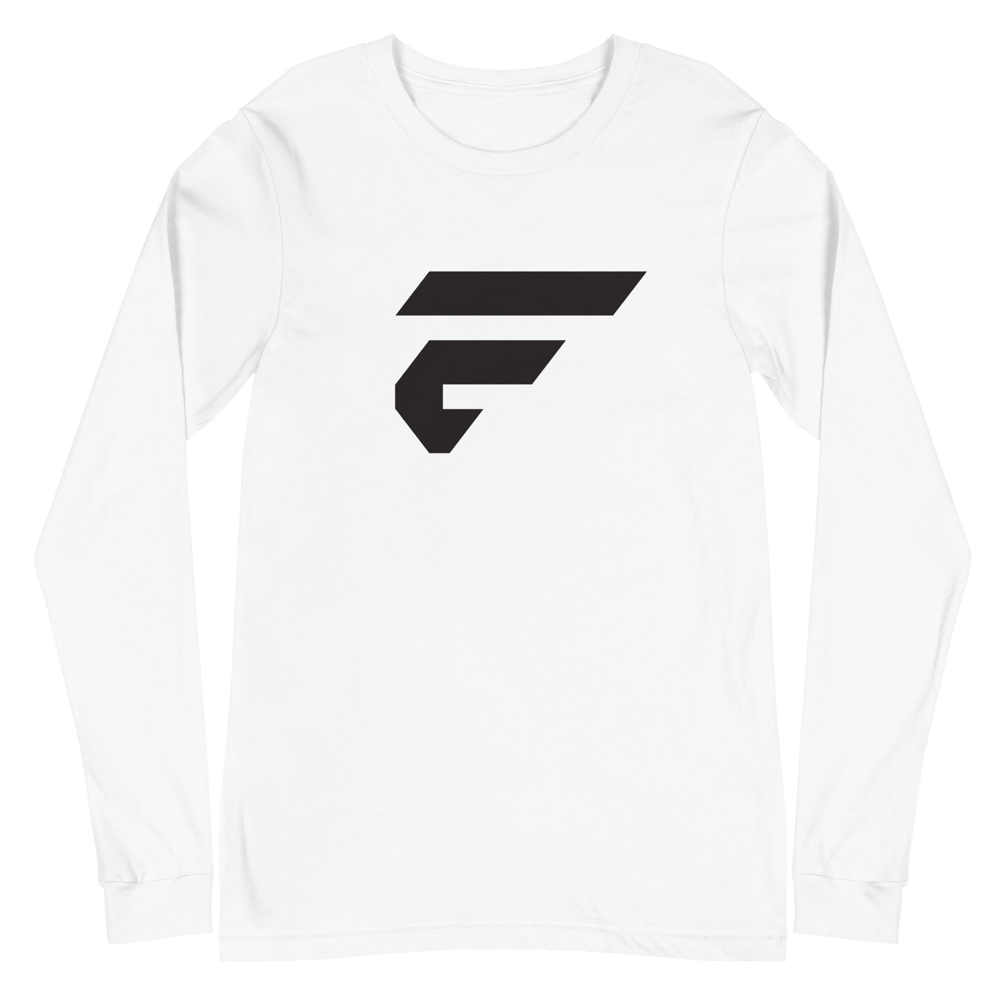 White unisex cotton longsleeve shirt with Fire Cornhole F logo in black