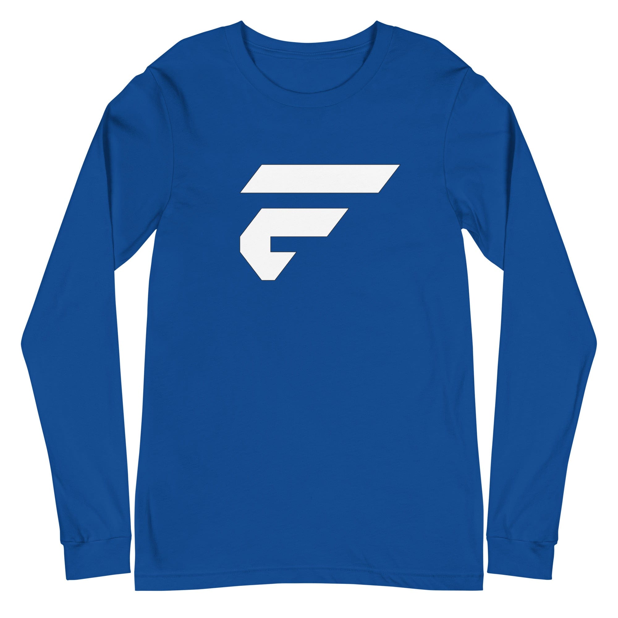 Blue unisex cotton longsleeve shirt with Fire Cornhole F logo in white
