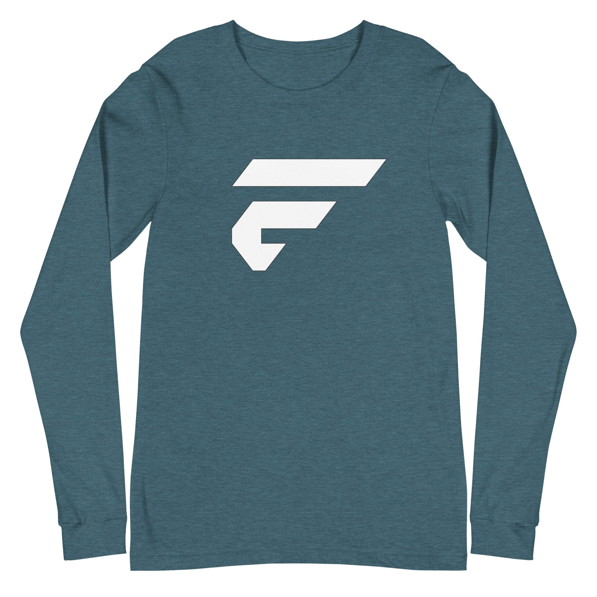 Heathered teal unisex cotton longsleeve shirt with Fire Cornhole F logo in white