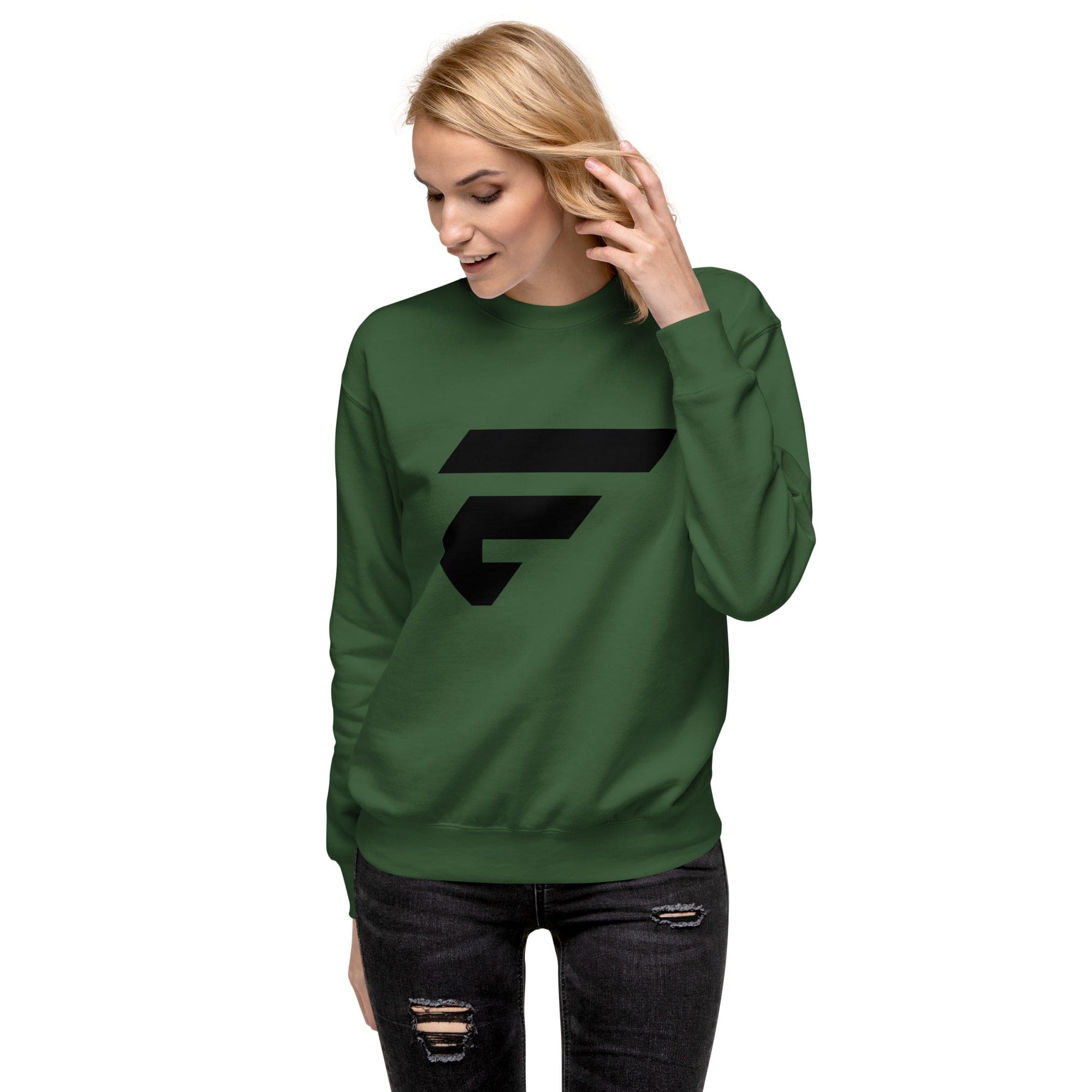 Green unisex sweatshirt with Fire Cornhole F logo in black
