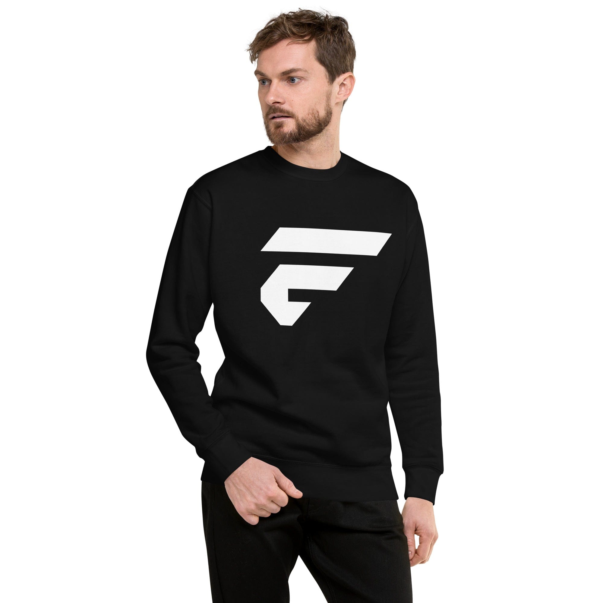 Black unisex sweatshirt with Fire Cornhole F logo in white