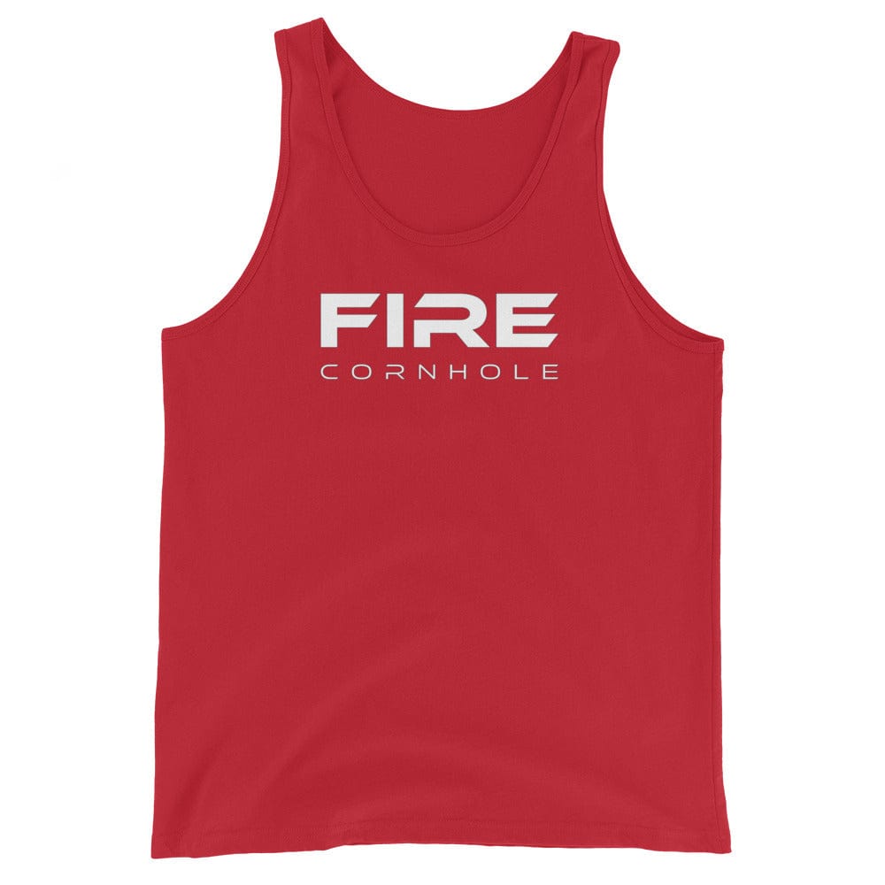Red unisex cotton tank top with Fire Cornhole logo in white