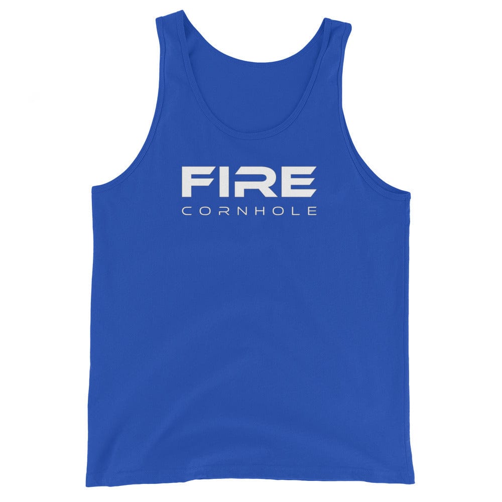 Blue unisex cotton tank top with Fire Cornhole logo in white