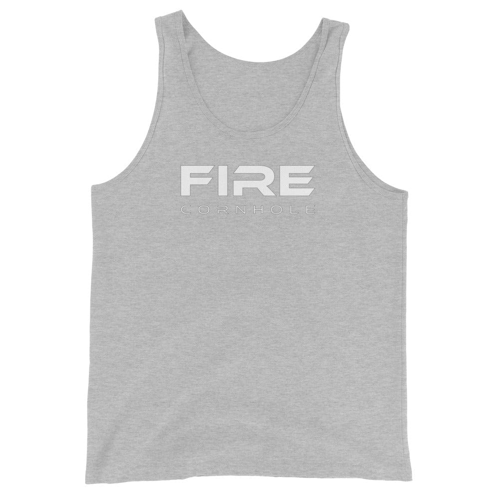 Heathered grey unisex cotton tank top with Fire Cornhole logo in white