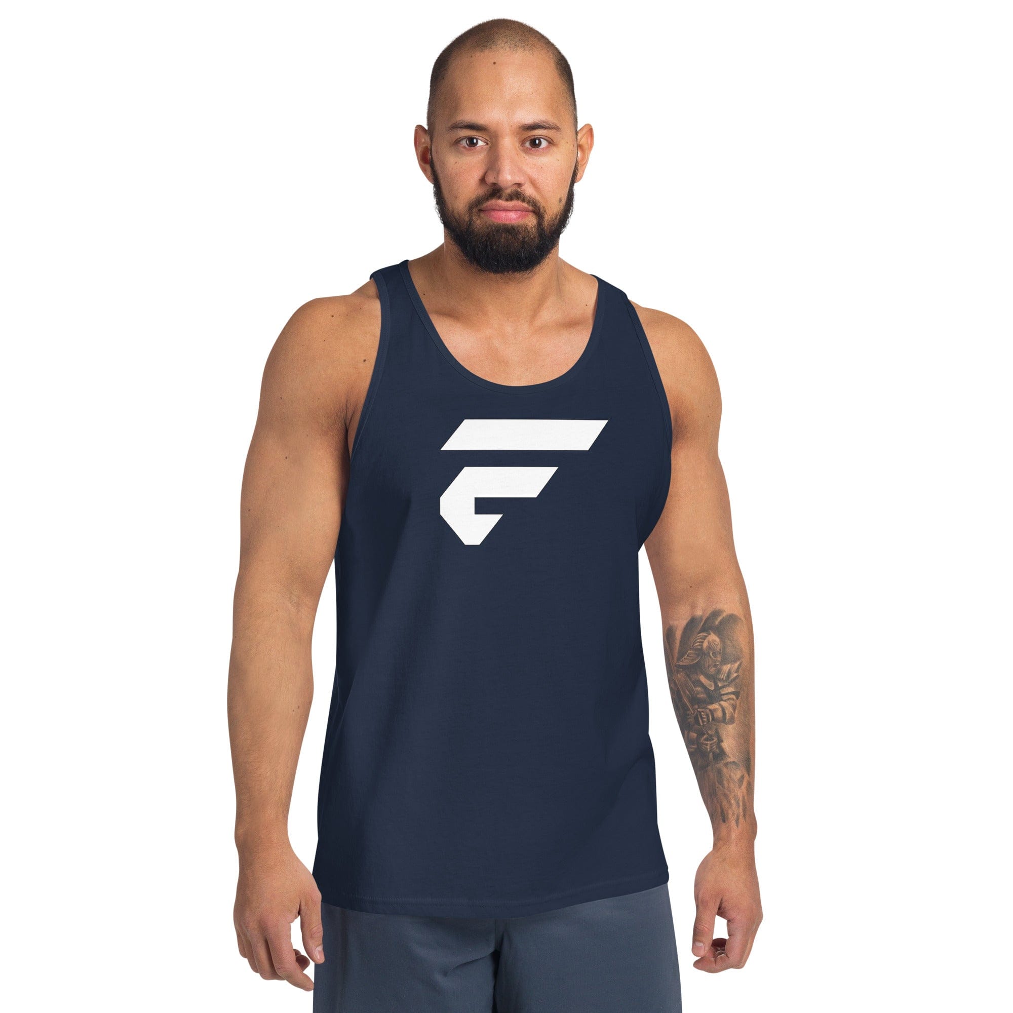 Navy unisex cotton tank top with Fire Cornhole F logo in white