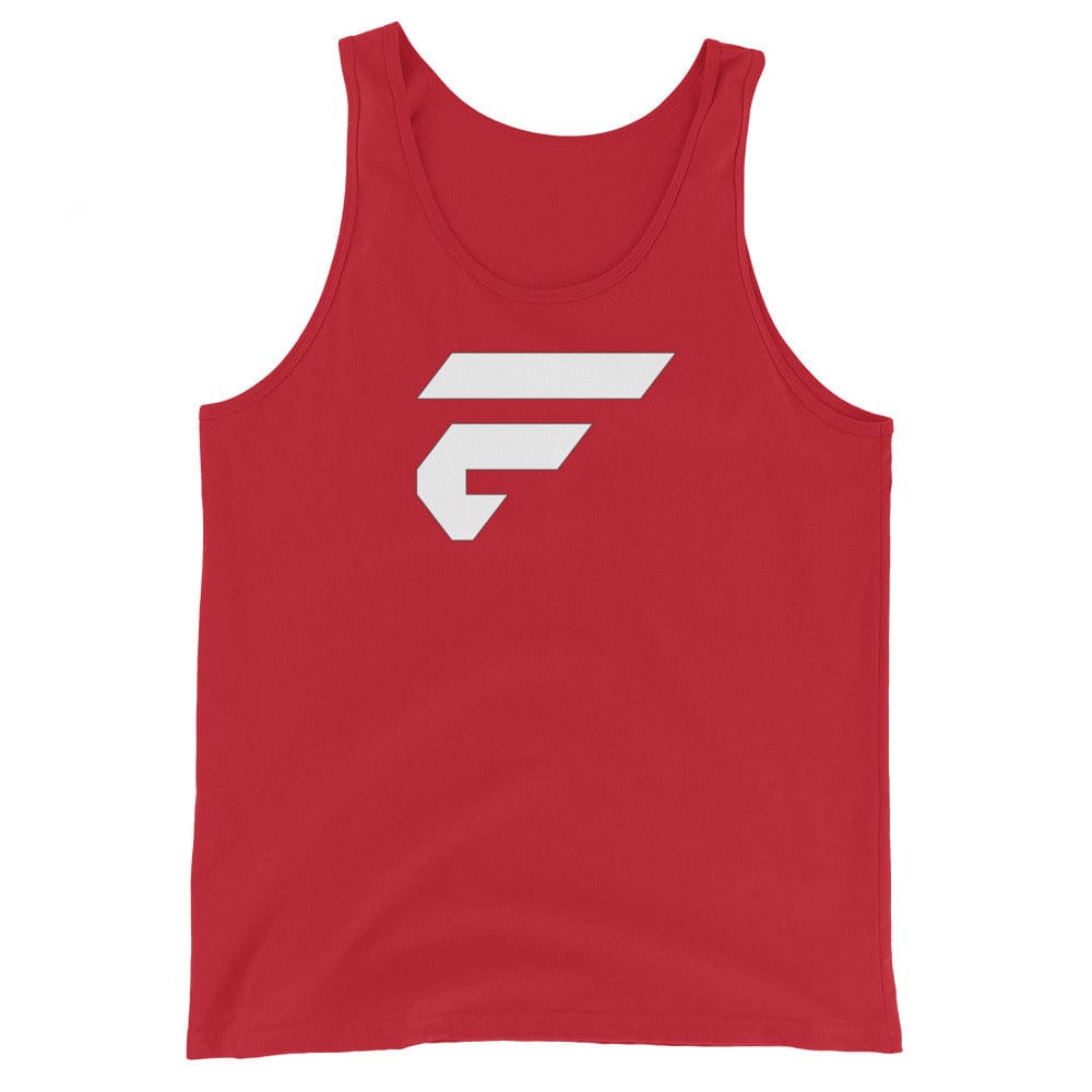 Red unisex cotton tank top with Fire Cornhole F logo in white