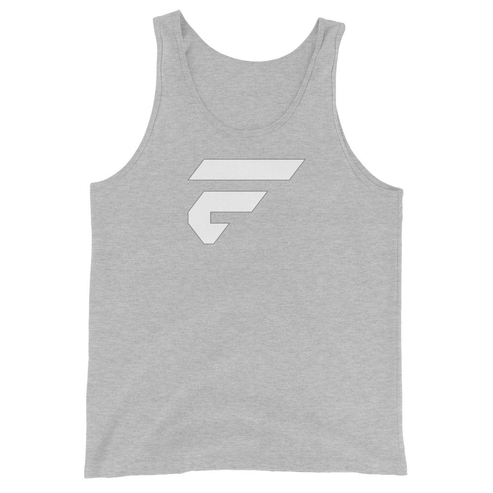 Heathered grey unisex cotton tank top with Fire Cornhole F logo in white