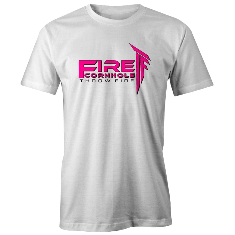 White T-shirt with pink Fire Cornhole logo