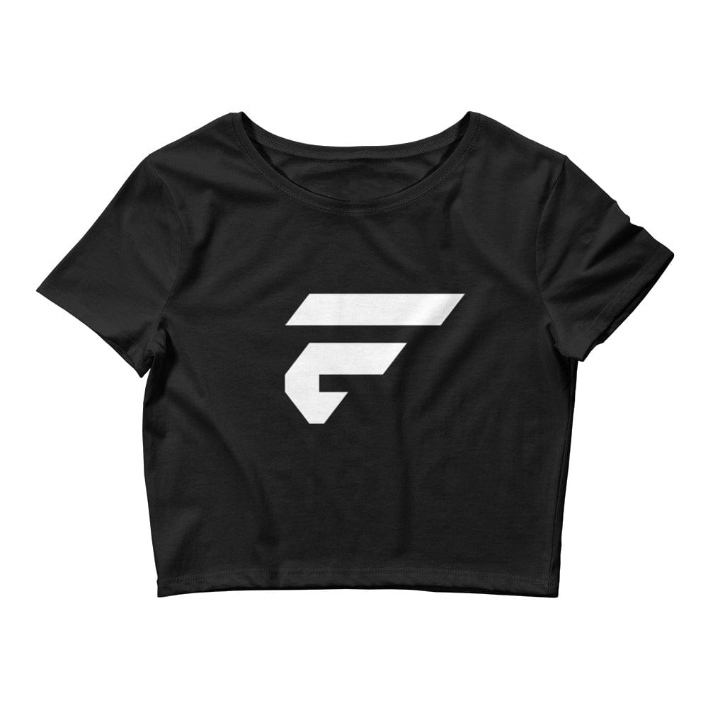 Women's black crop T-shirt with white Fire Cornhole F logo