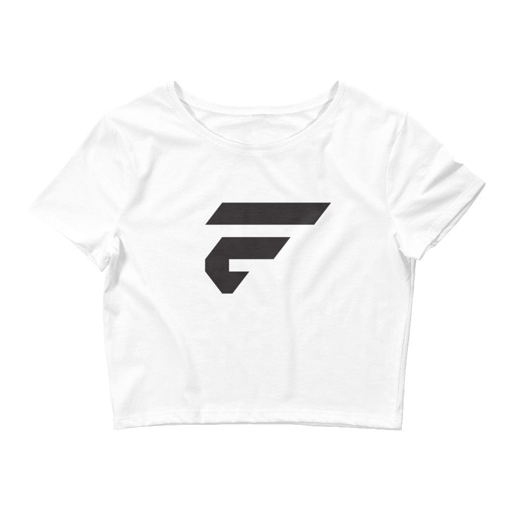 Women's white crop T-shirt with black Fire Cornhole F logo