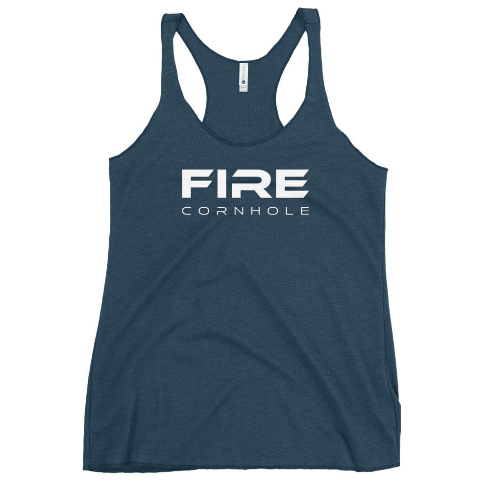 Heathered teal women's racerback tank top with Fire Cornhole logo in white
